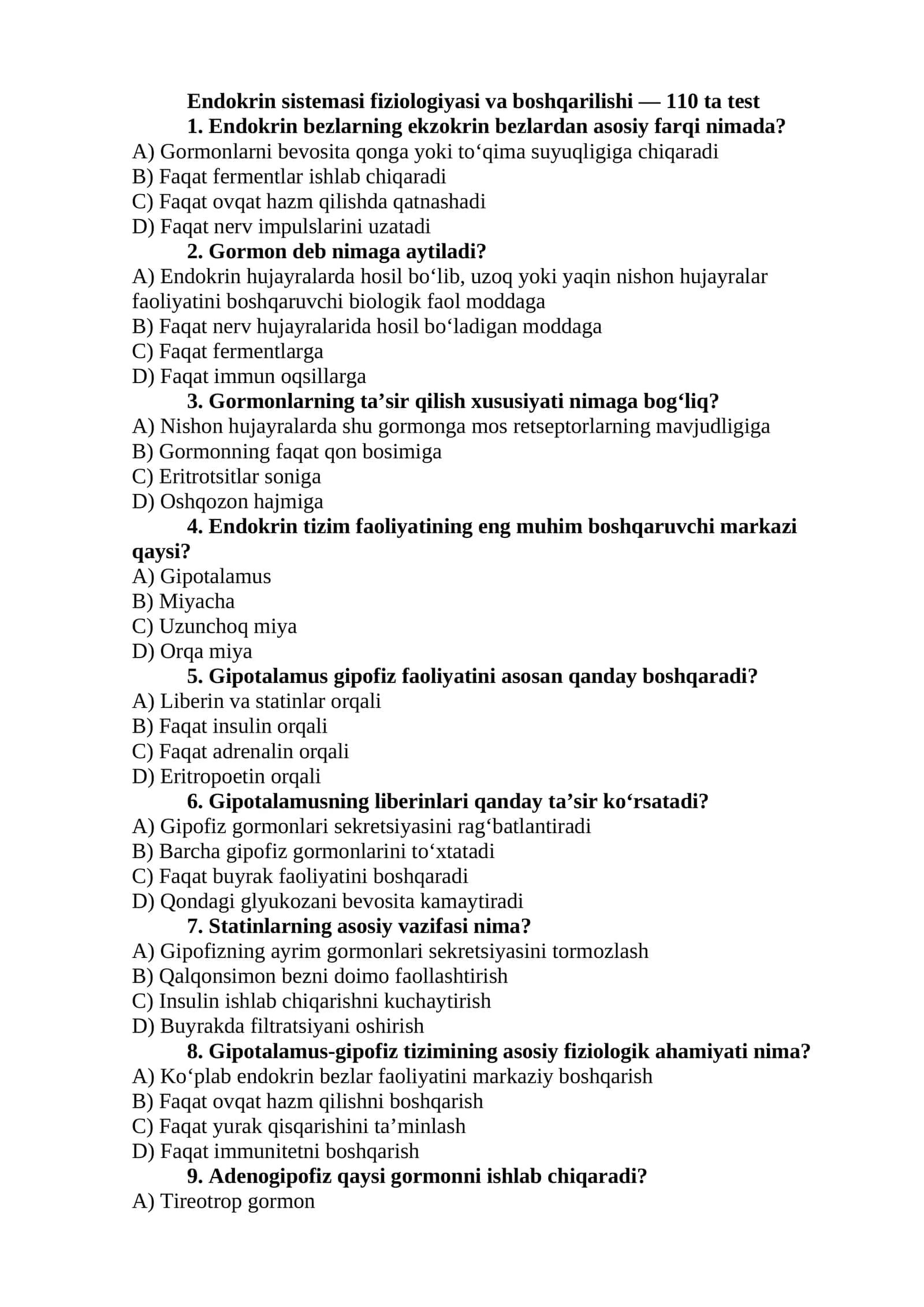 Endokrin sistemasi fiziologiyasi va boshqarilishi — 110 ta test 1
