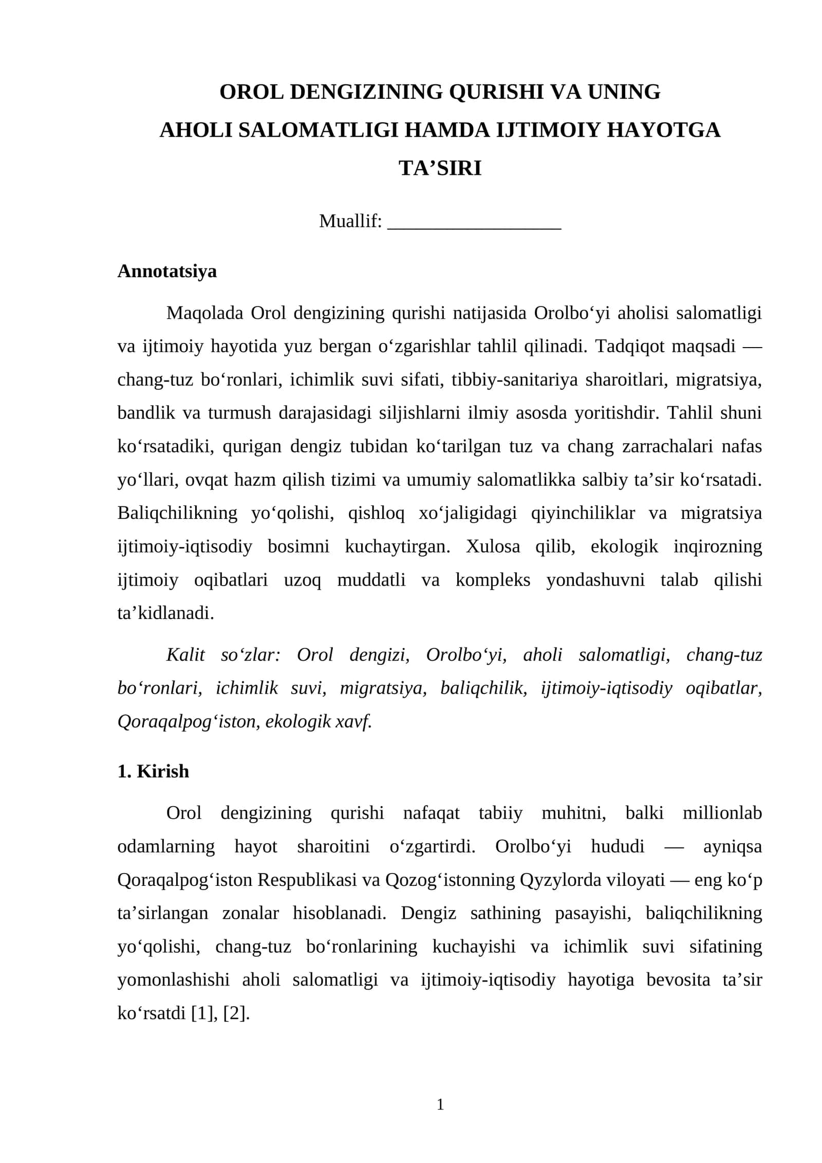 OROL DENGIZINING QURISHI VA UNING AHOLI SALOMATLIGI HAMDA IJTIMOIY HAYOTGA TA’SIRI 1