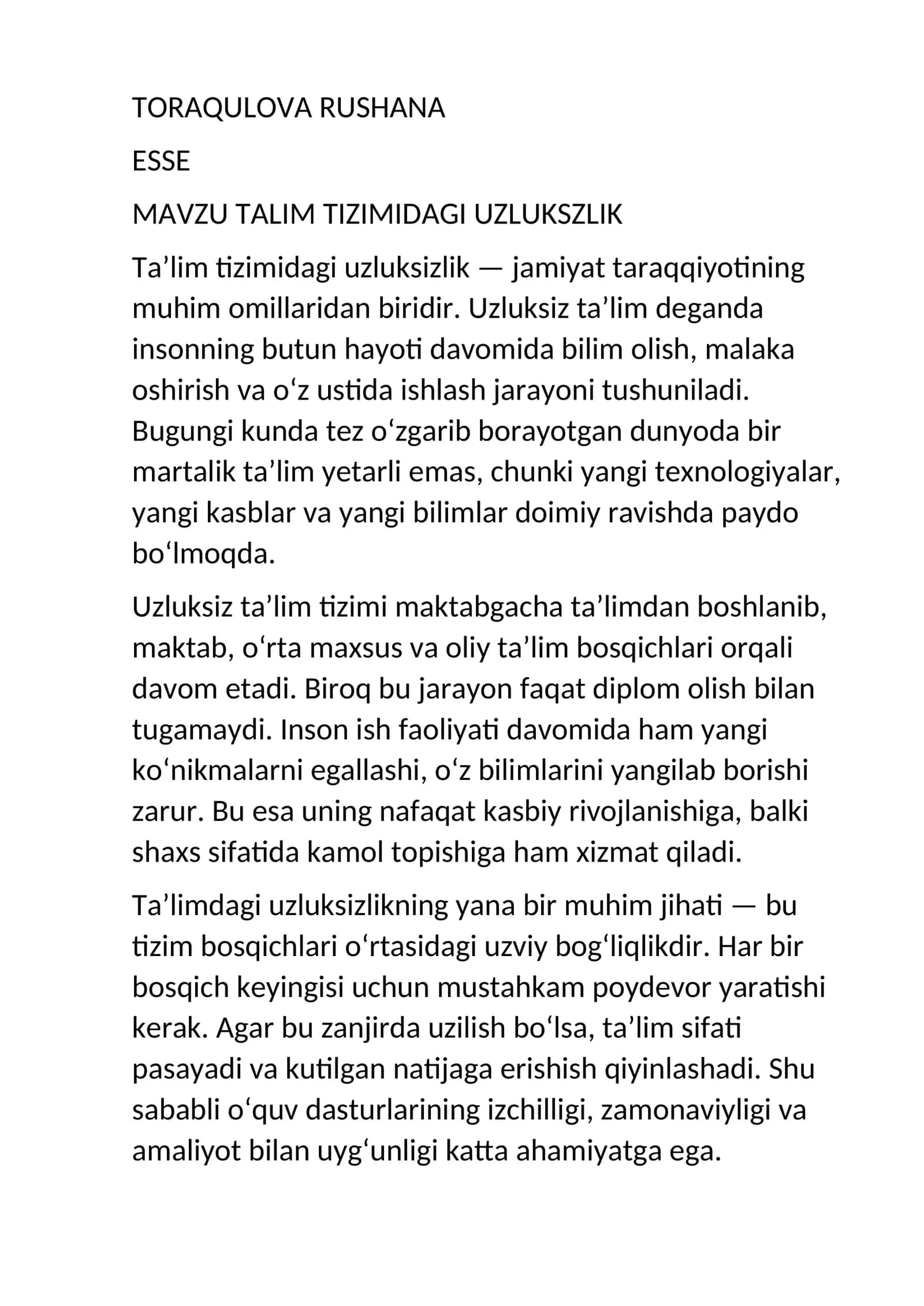 ESSE MA'RUZA TALIM TIZIMIDAGI UZLUKSZLIK 1