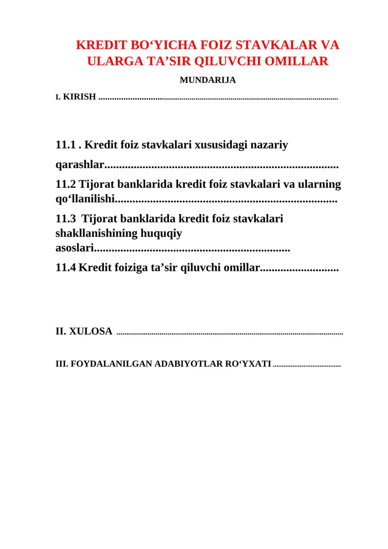 KREDIT BO‘YICHA FOIZ STAVKALAR VA ULARGA TA’SIR QILUVCHI OMILLAR 1