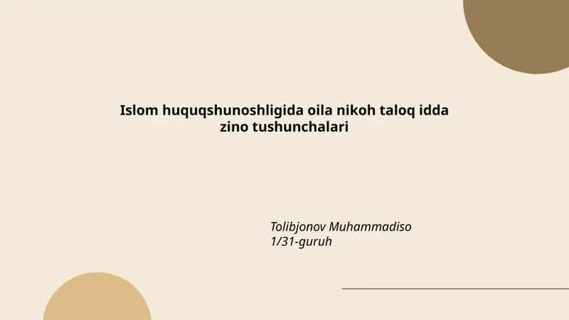 Islom huquqshunoshligida oila nikoh taloq idda zino tushunchalari 1