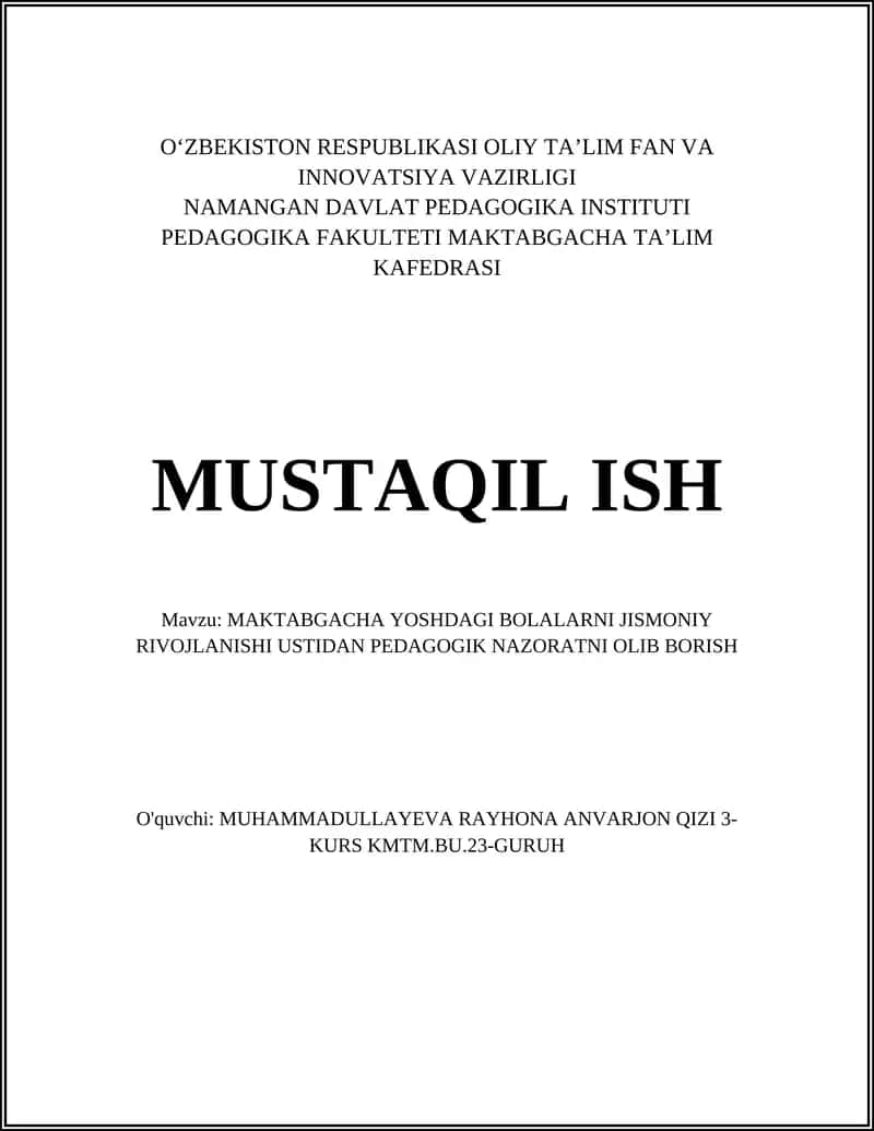 Maktabgacha Yoshdagi Bolalarning Jismoniy Rivojlanishi Ustida Pedagogik Nazorat 1