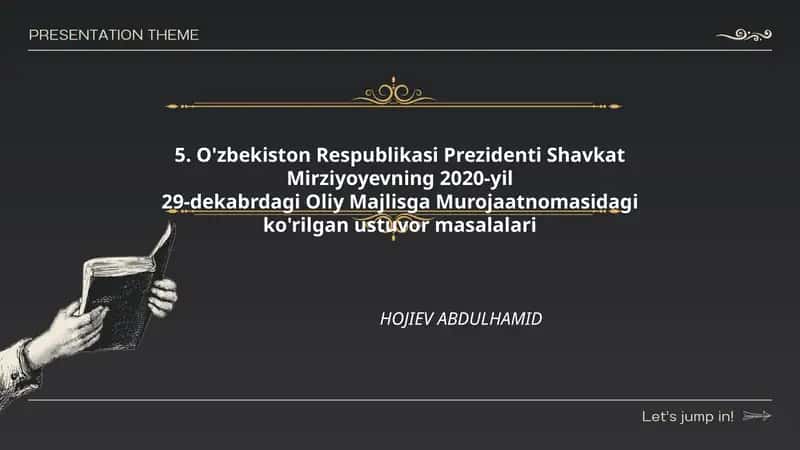 O'zbekiston Respublikasi Prezidenti Shavkat Mirziyoyevning 2020-yil29-dekabrdagi Oliy Majlisga Murojaatnomasidagi ko'rilgan ustuvor masalalari 1