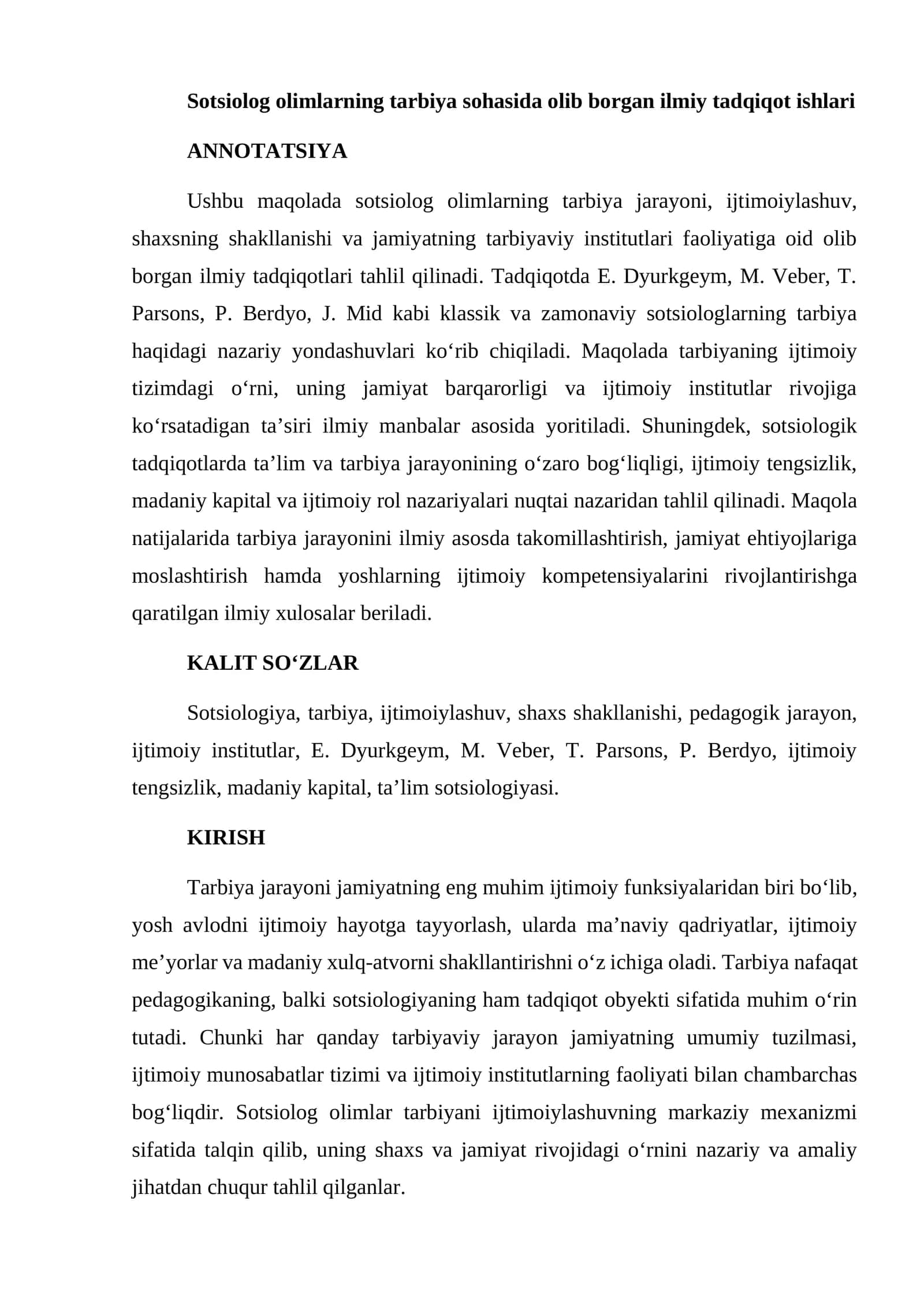 Sotsiolog olimlarning tarbiya sohasida olib borgan ilmiy tadqiqot ishlari 1