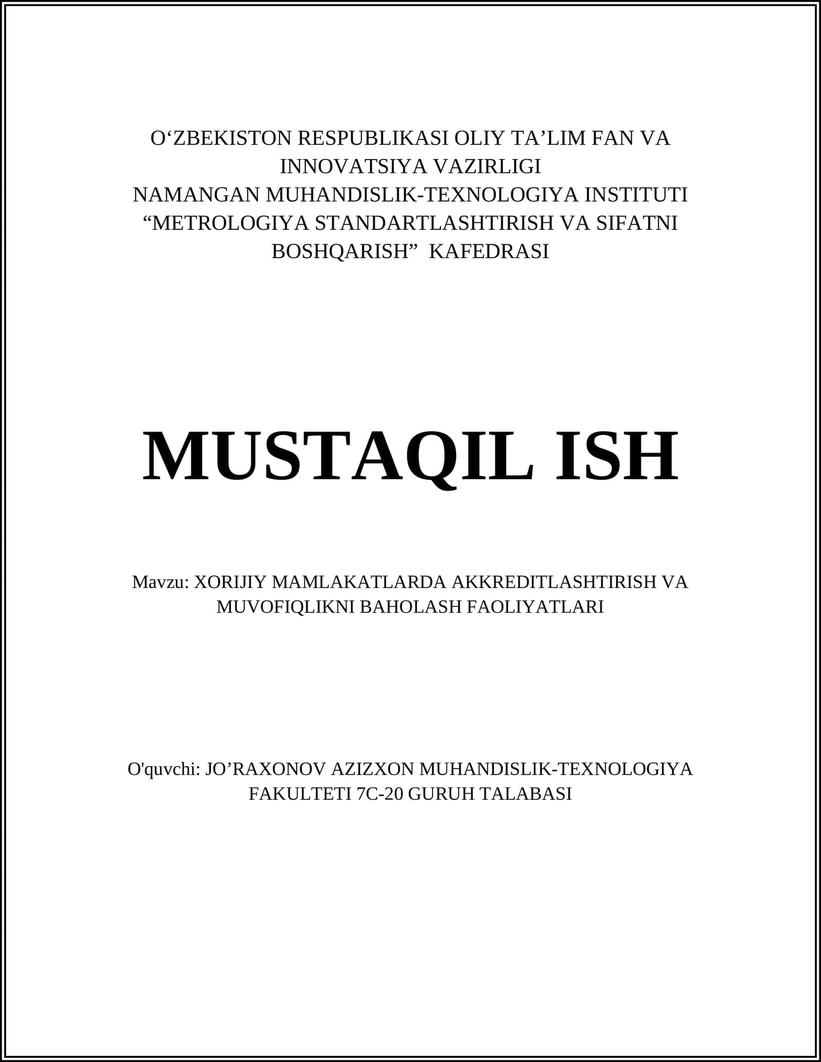 XORIJIY MAMLAKATLARDA AKKREDITLASHTIRISH VA MUVOFIQLIKNI BAHOLASH FAOLIYATLARI 1