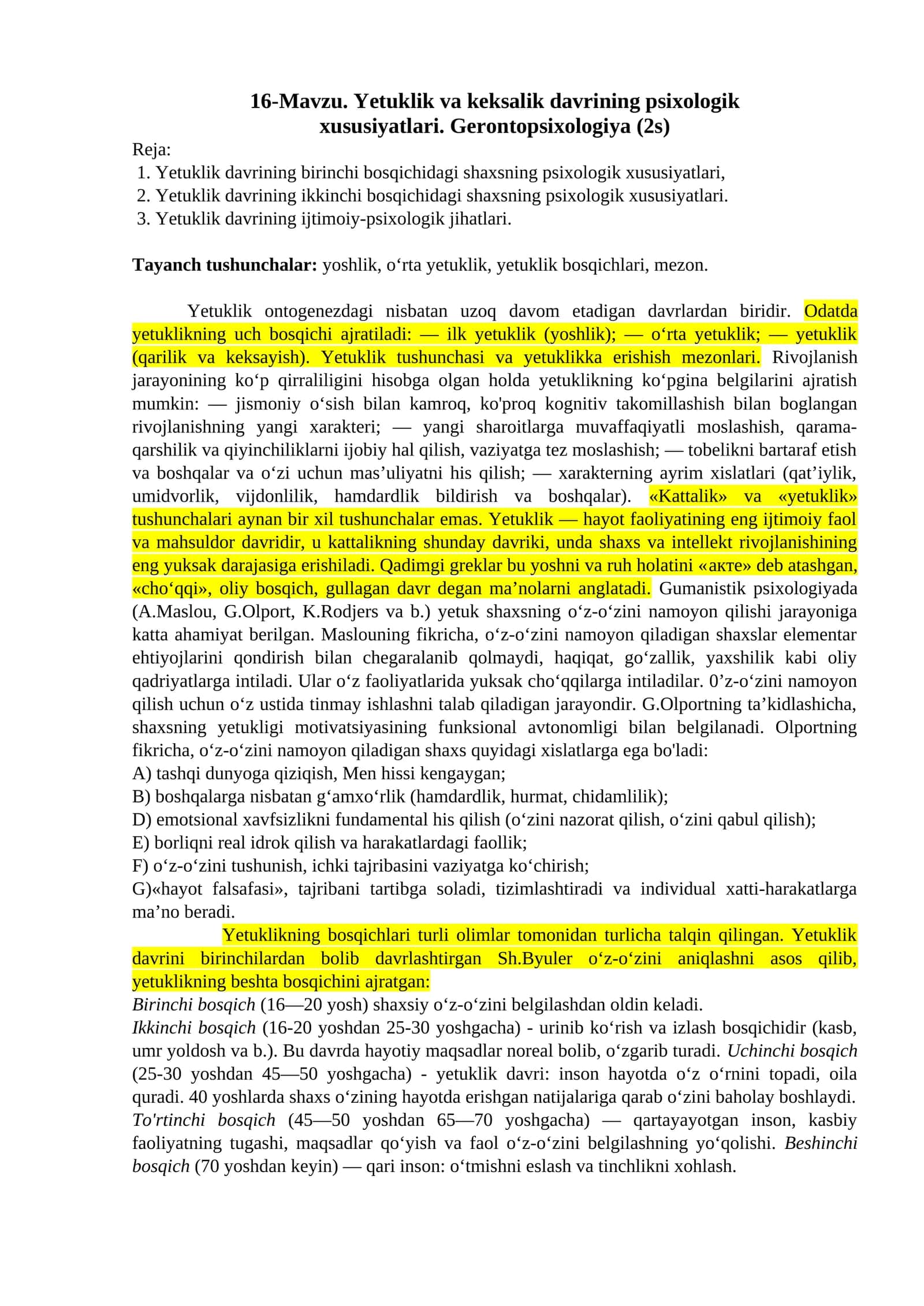 Yetuklik va keksalik davrining psixologik xususiyatlari 1