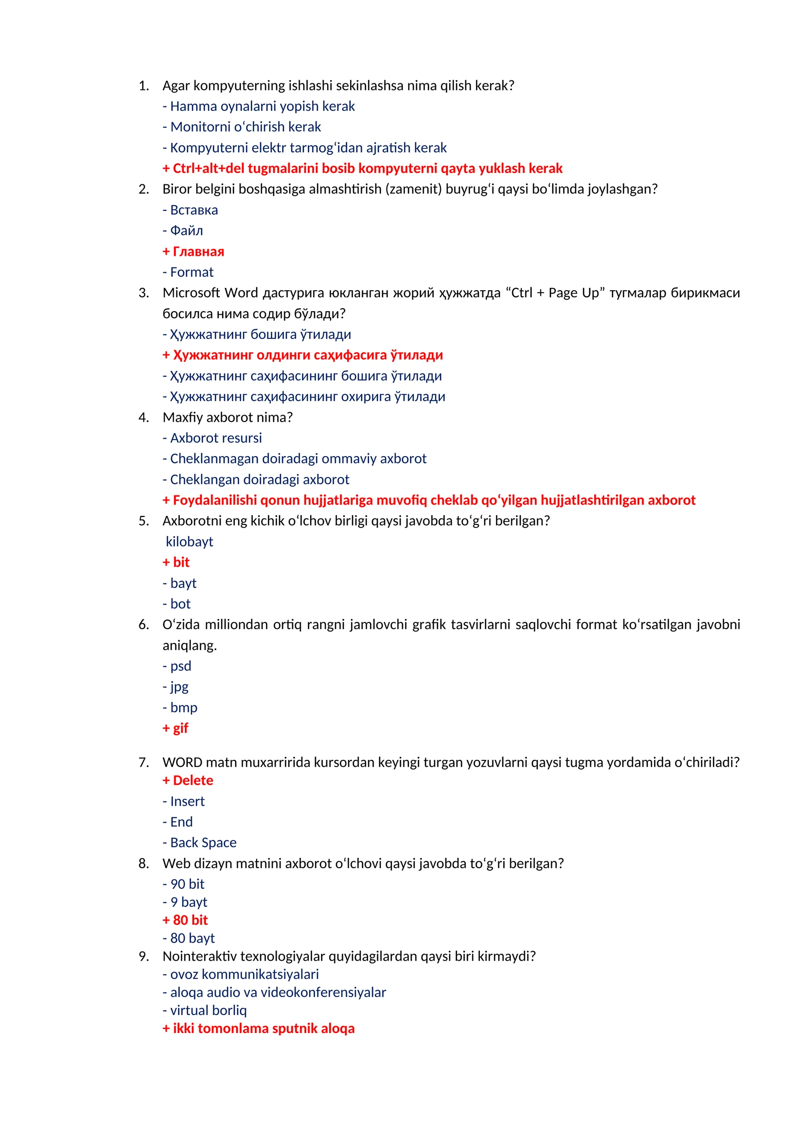 Axborot kommunikatsiya fanidan test savollari to'g'ri javobi bilan 1