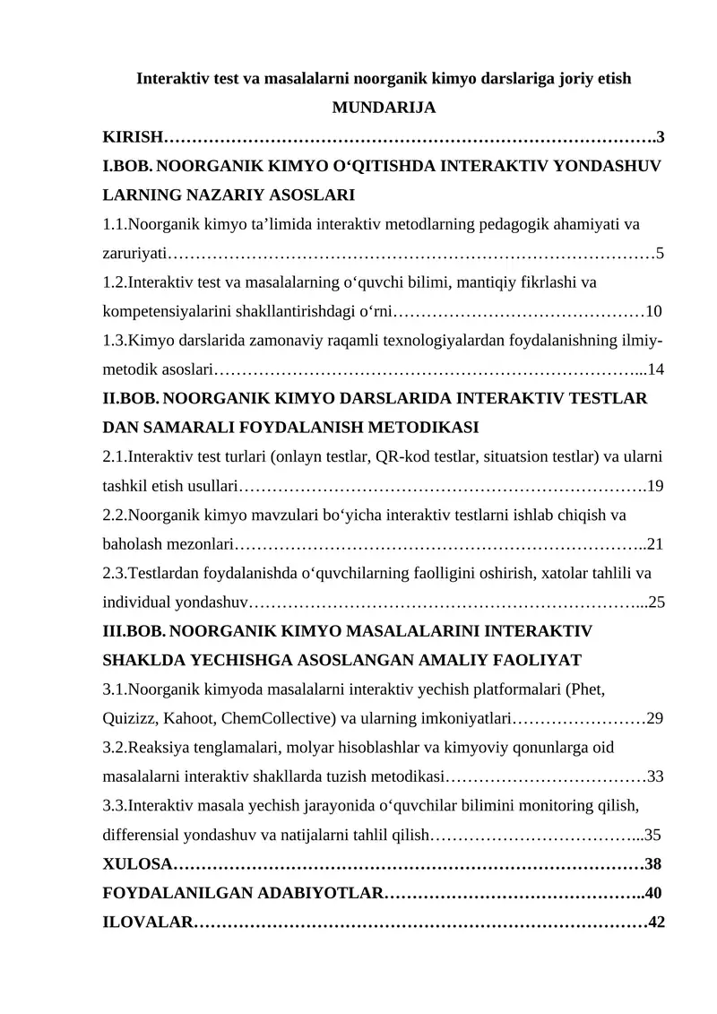 Noorganik Kimyo Darslarida Interaktiv Testlar 1