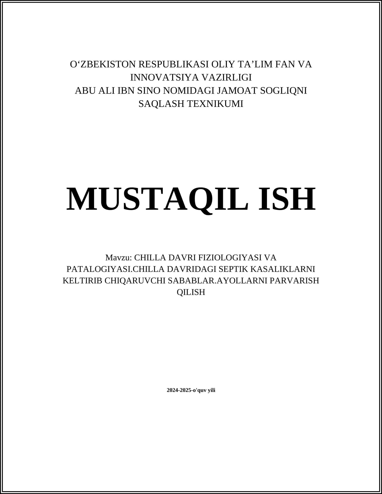 CHILLA DAVRI FIZIOLOGIYASI VA PATALOGIYASI 1