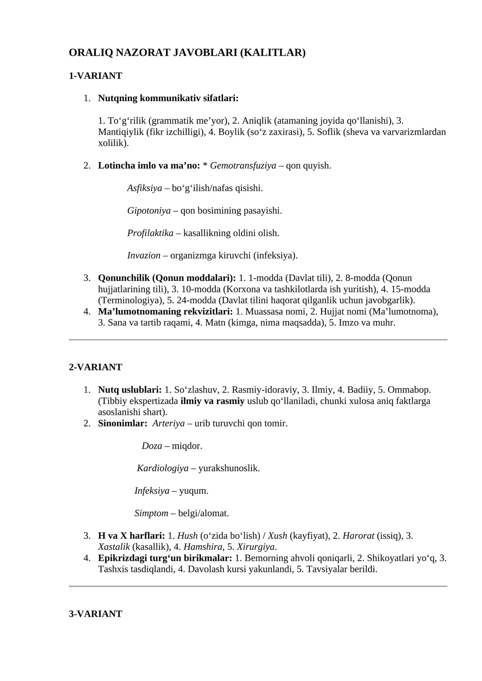 ORALIQ NAZORAT JAVOBLARI (KALITLAR) 1