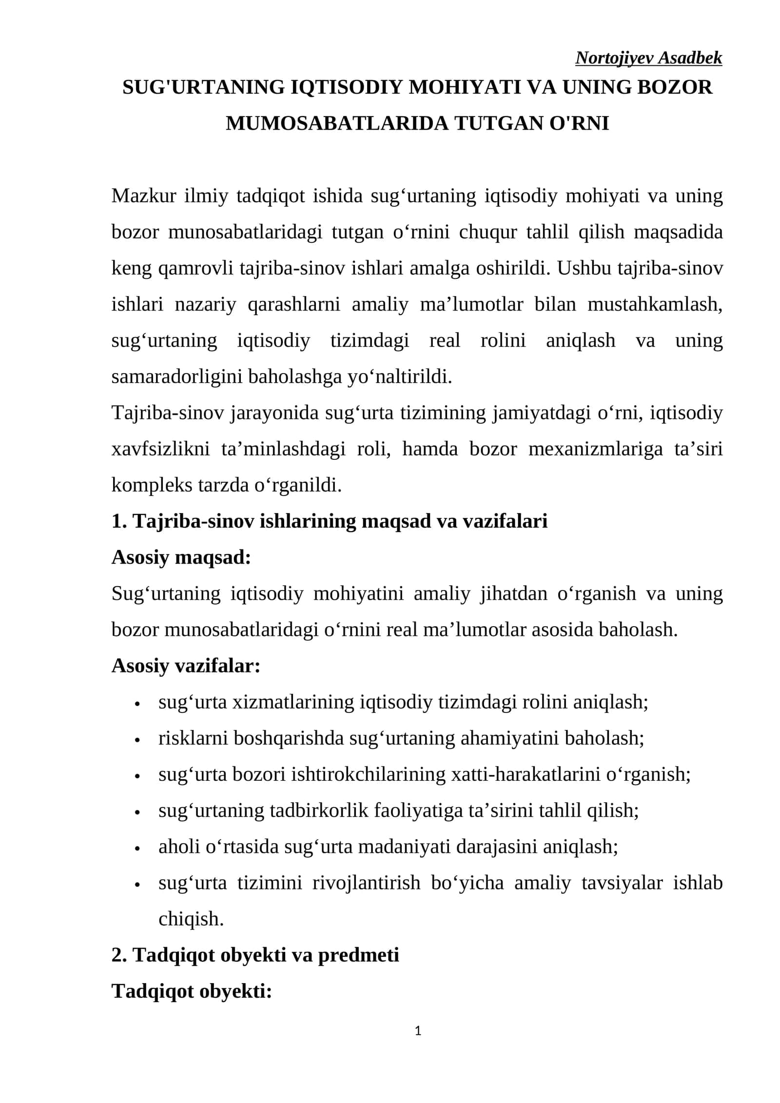 SUG'URTANING IQTISODIY MOHIYATI VA UNING BOZOR MUMOSABATLARIDA TUTGAN O'RNI 1