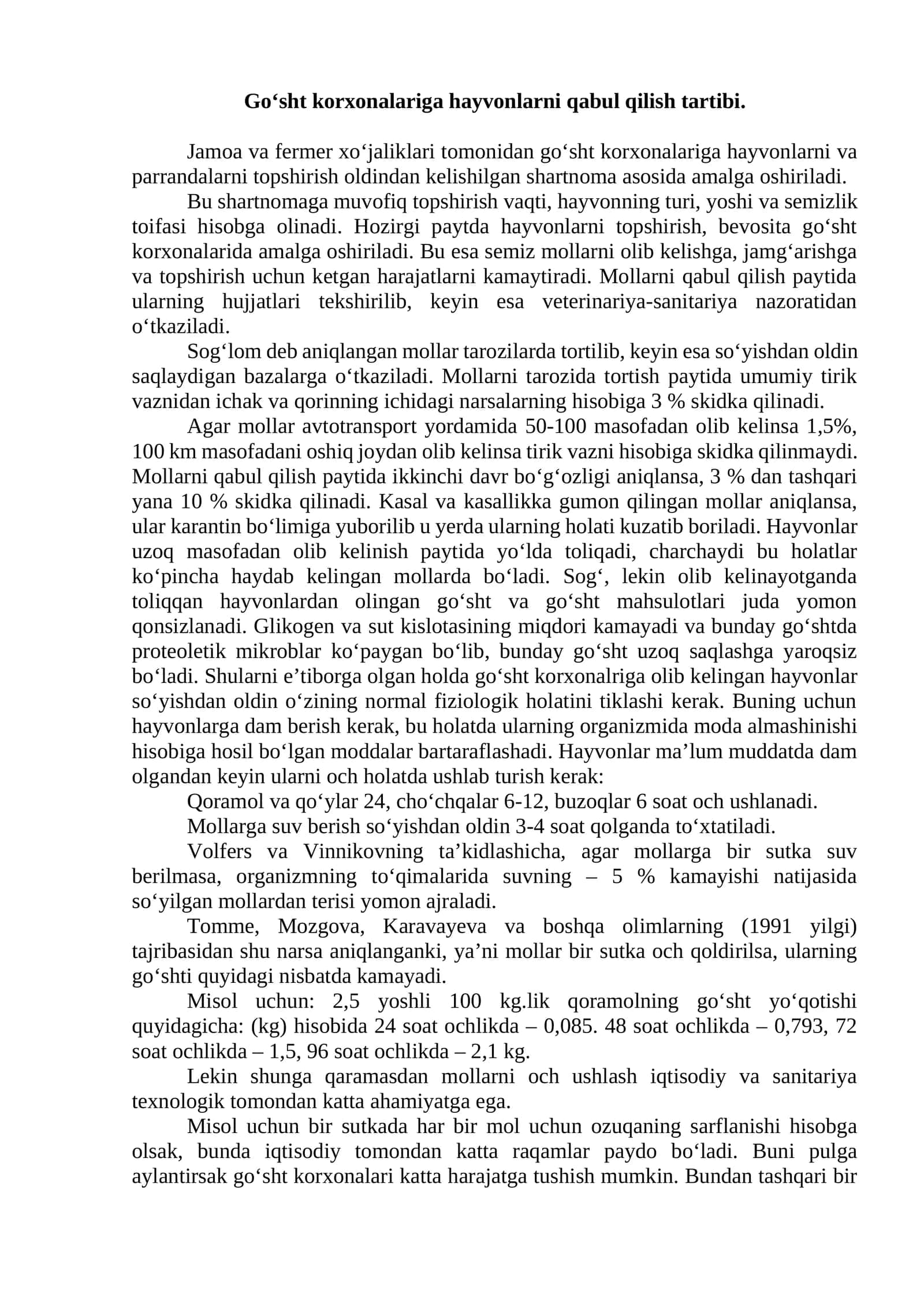 Go‘sht korxonalariga hayvonlarni qabul qilish tartibi 1
