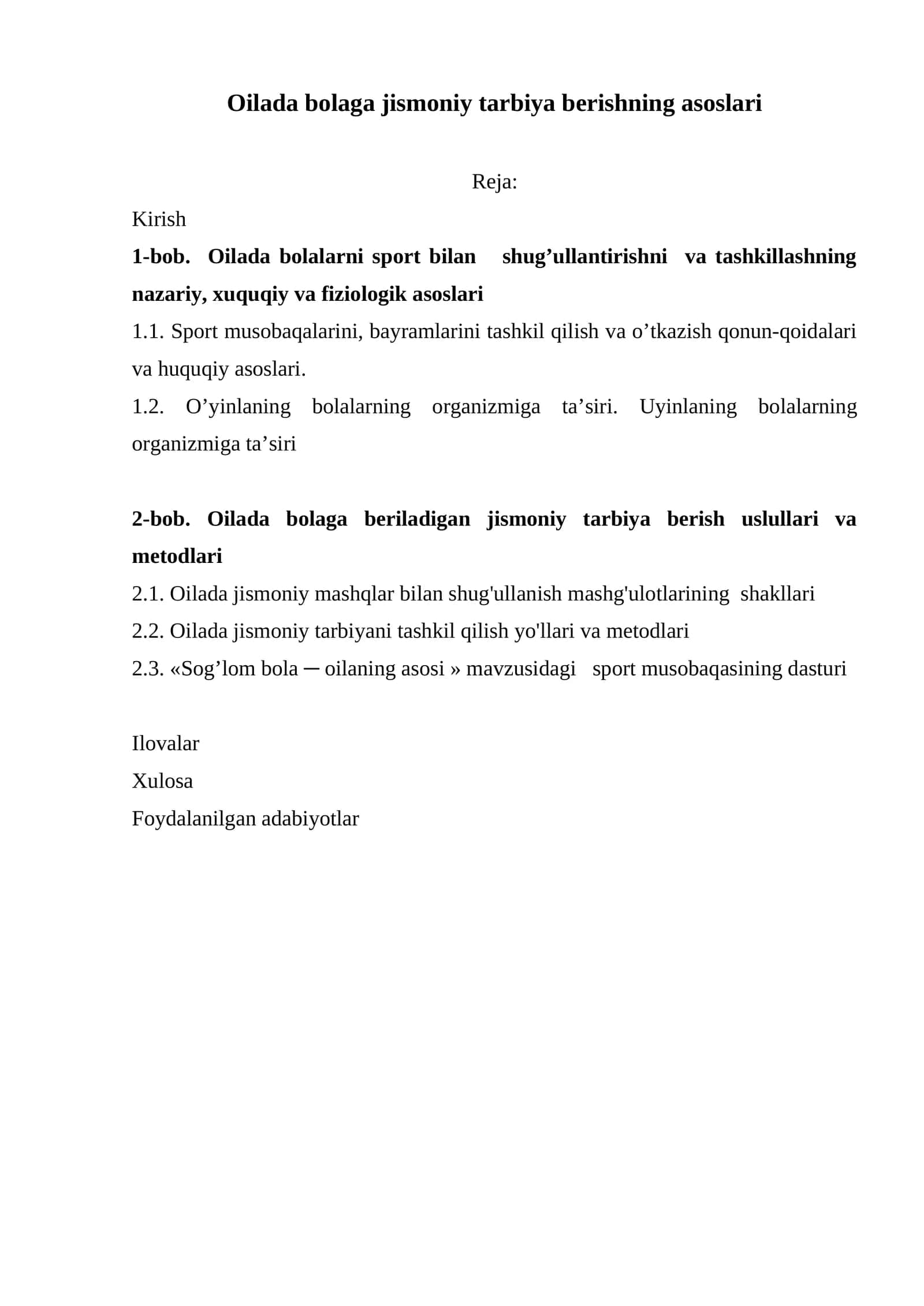"Oilada bolaga jismoniy tarbiya berishning asoslari" 1