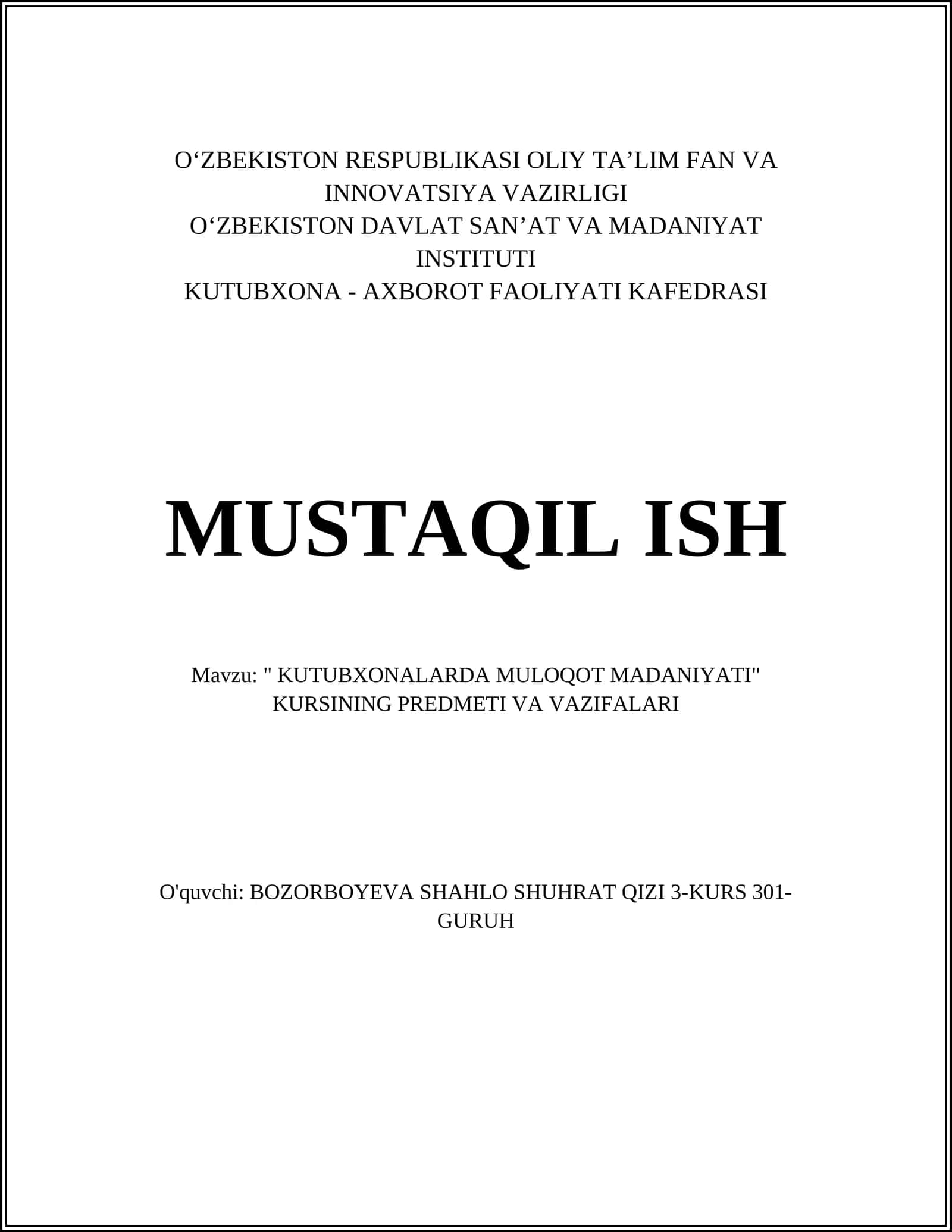 "KUTUBXONALARDA MULOQOT MADANIYATI" KURSI 1