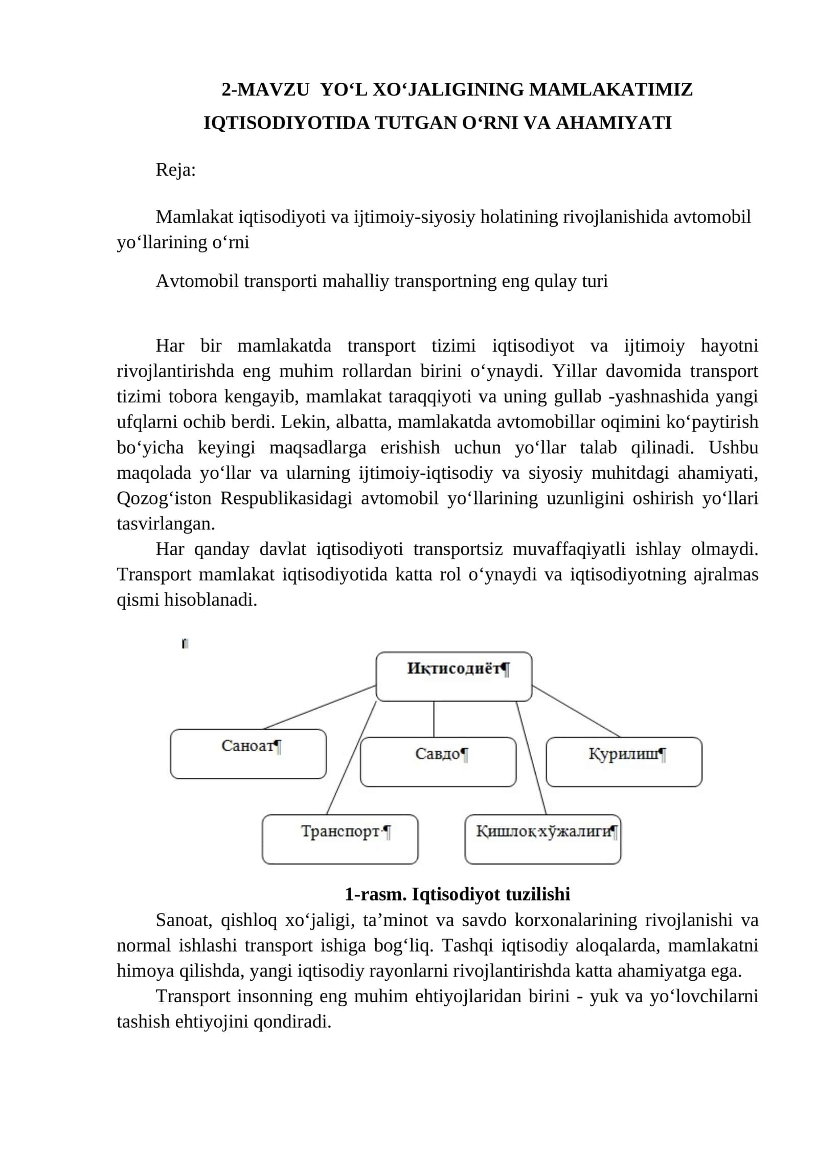 MAVZU YO‘L XO‘JALIGINING MAMLAKATIMIZ IQTISODIYOTIDA TUTGAN O‘RNI VA AHAMIYATI 1