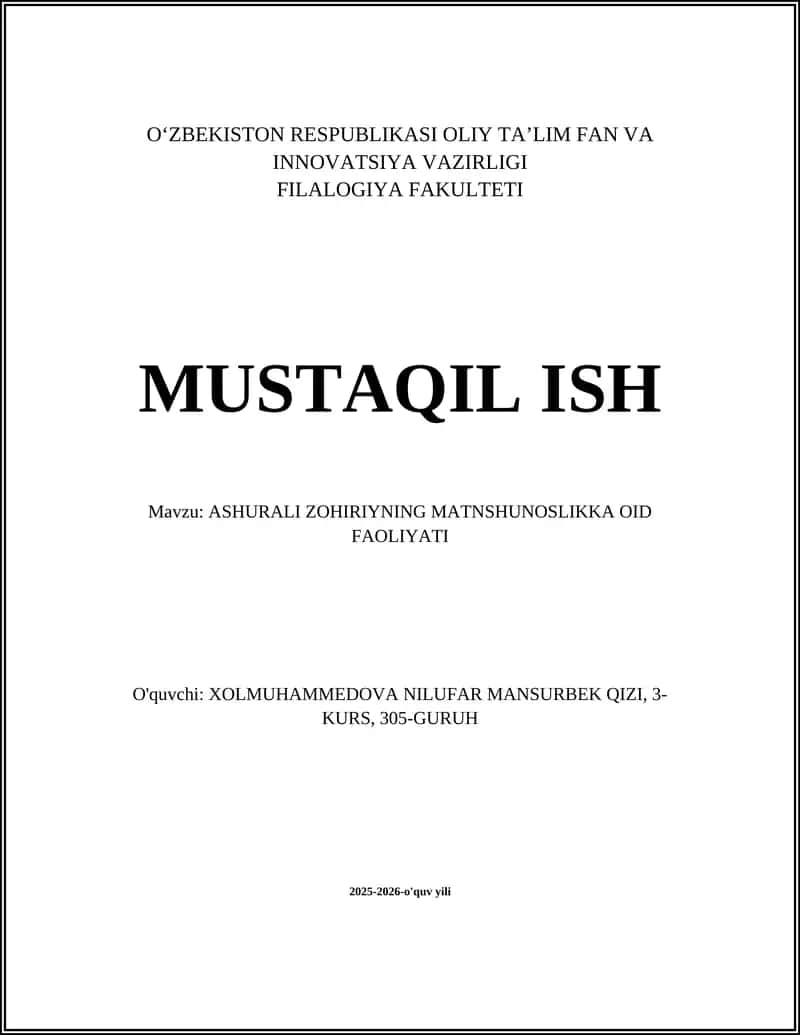 ASHURALI ZOHIRIYNING MATNSHUNOSLIKKA OID FAOLIYATI 1