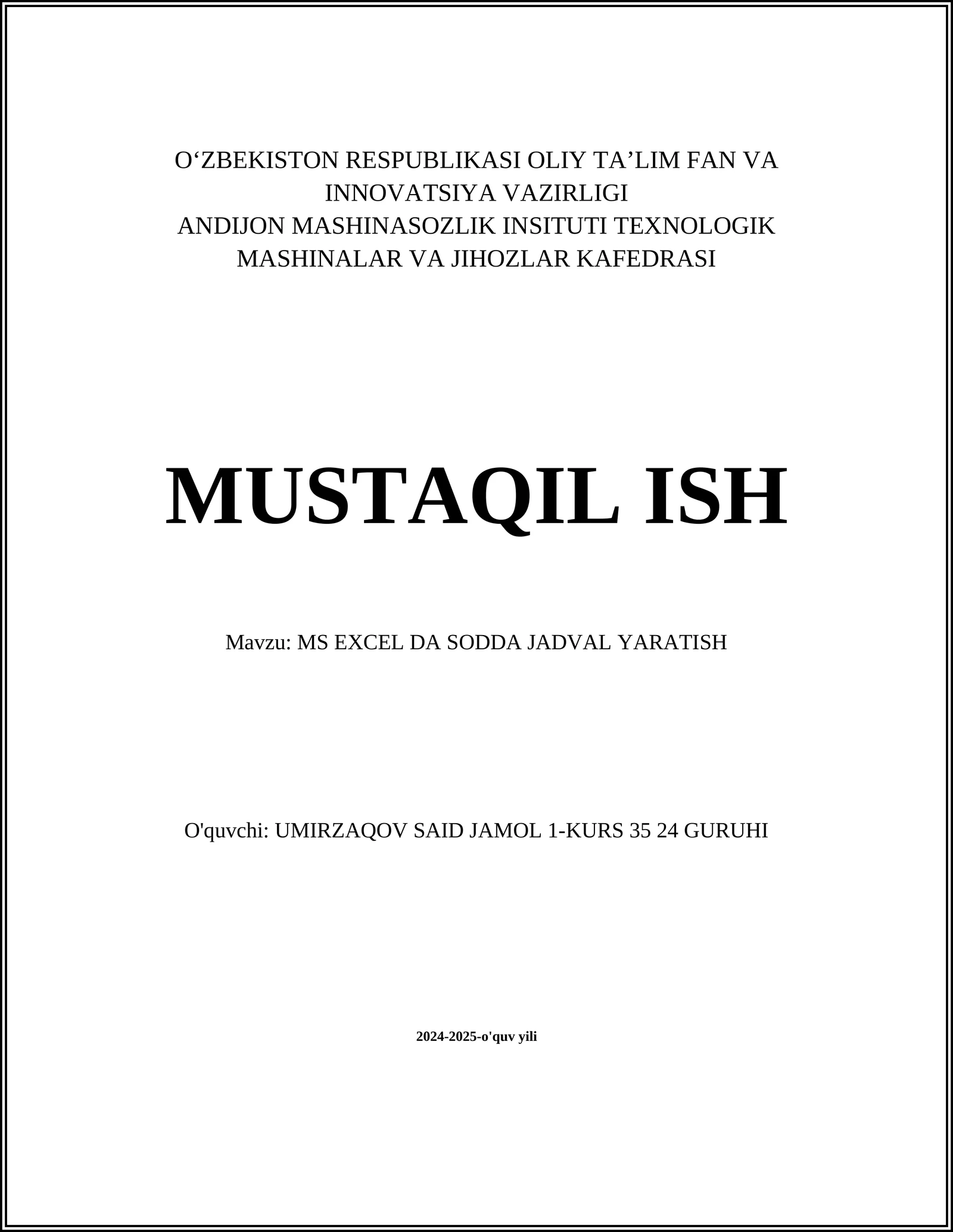 MS EXCEL DA SODDA JADVAL YARATISH 1