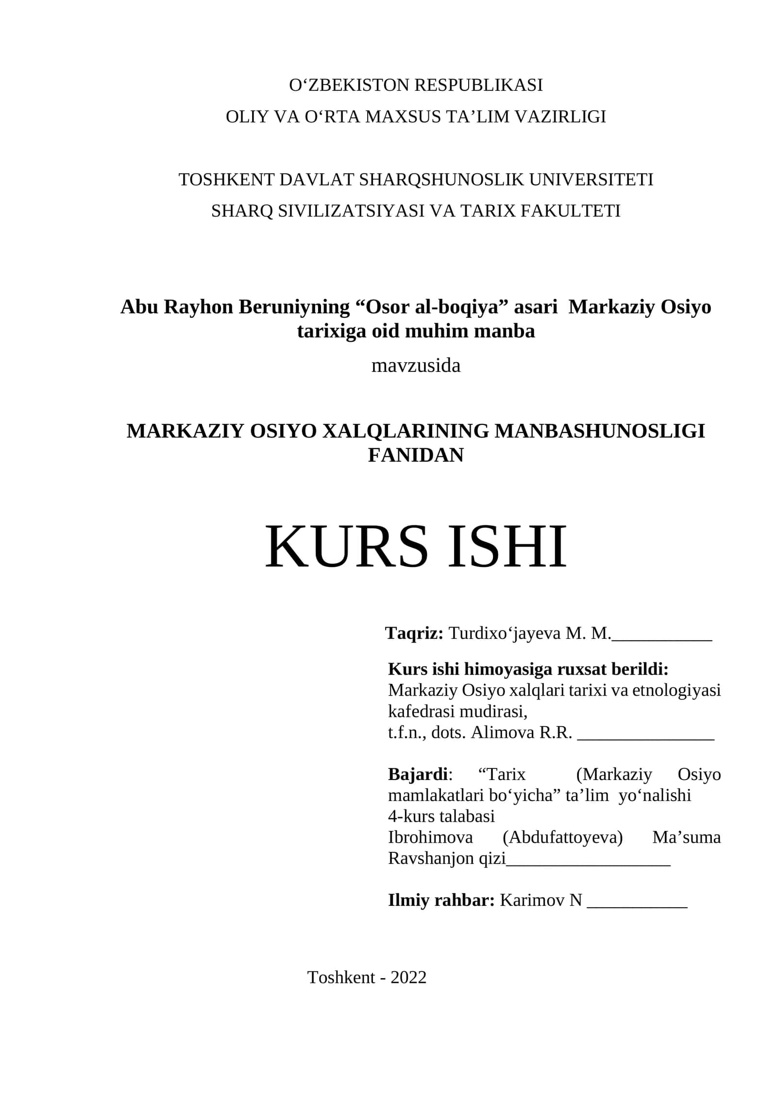 Abu Rayhon Beruniyning “Osor al-boqiya” asari Markaziy Osiyo tariхiga oid muhim manba 1