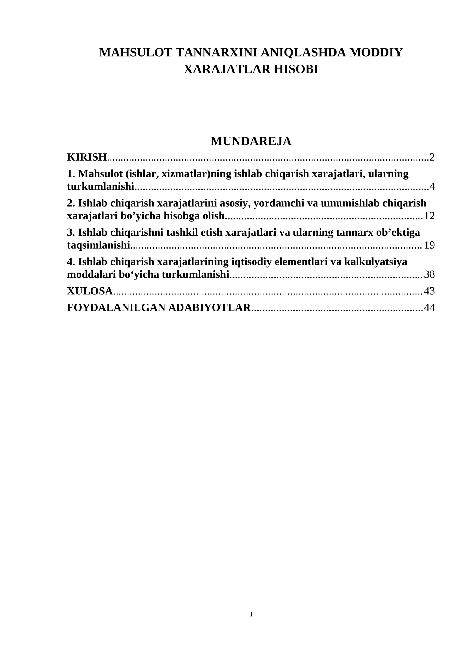 MAHSULOT TANNARXINI ANIQLASHDA MODDIY XARAJATLAR HISOBI mavzusi bo'yicha kurs ishi 1