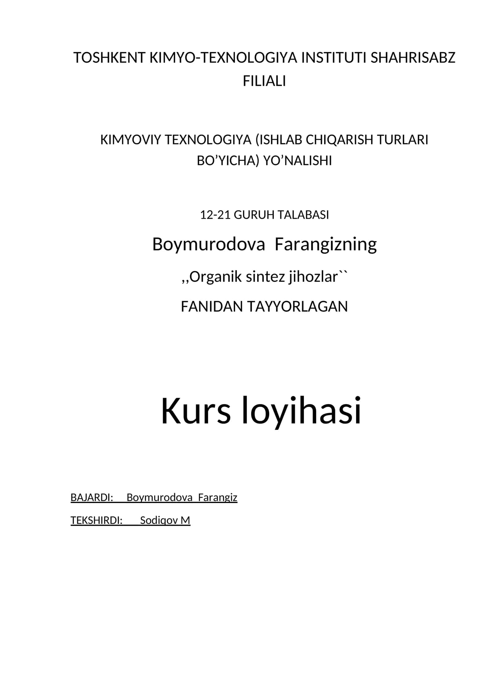Benzolni gaz fazada oksidlash bilan malein angidrid ishlab chiqarish texnologiyasidagi oksidlash kolonnasini hisoblash 1