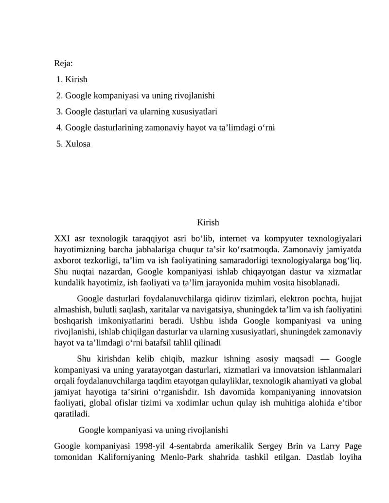 Google dasturlari va ularning xususiyatlari 1