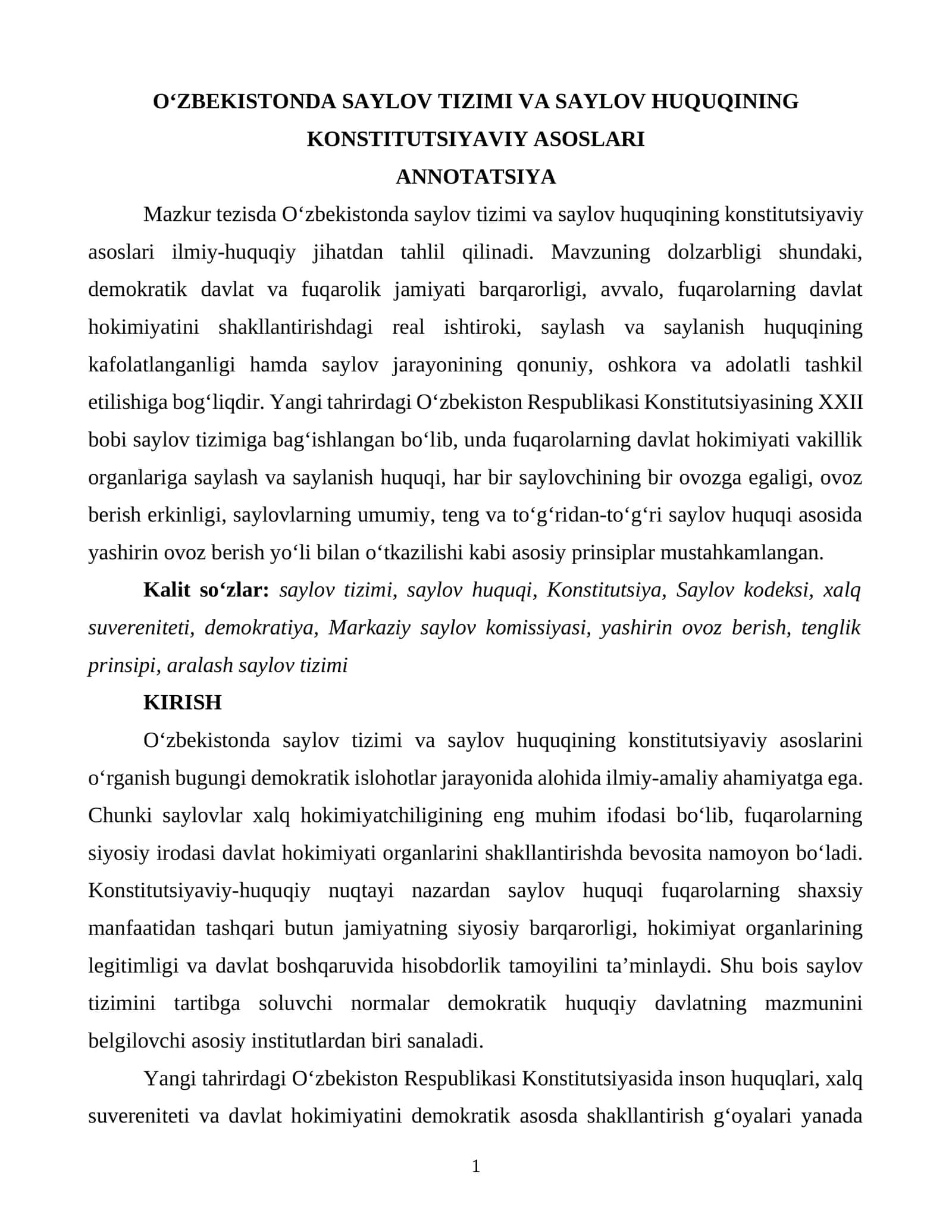 OʻZBEKISTONDA SAYLOV TIZIMI VA SAYLOV HUQUQINING KONSTITUTSIYAVIY ASOSLARI 1