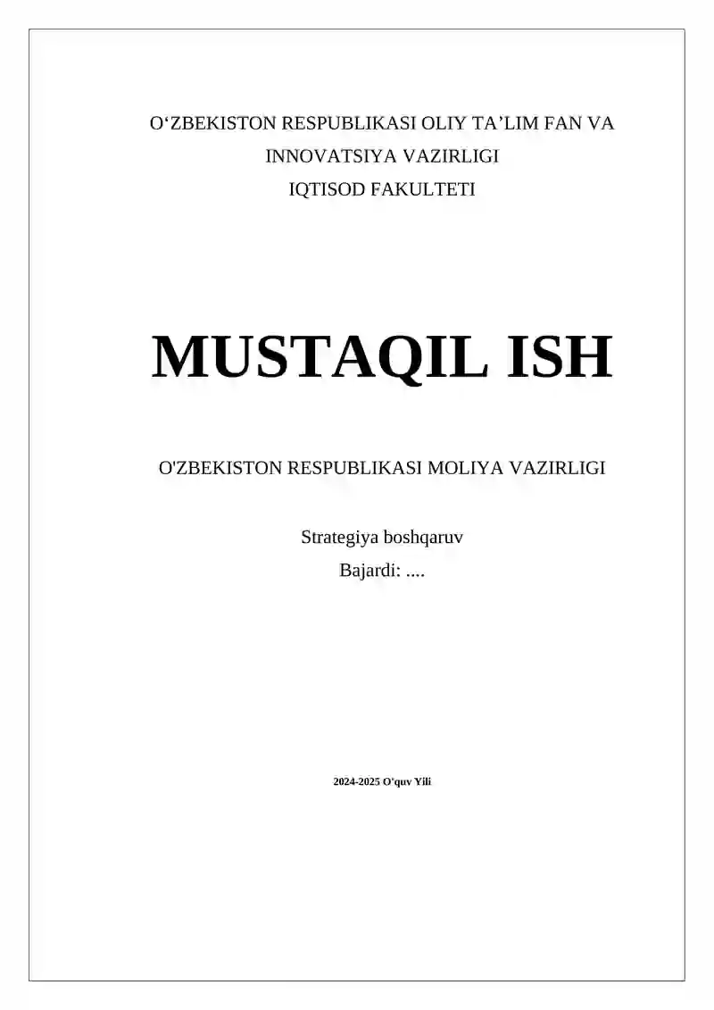 O'zbekiston Respublikasi Moliya Vazirligi Strategiya boshqaruv