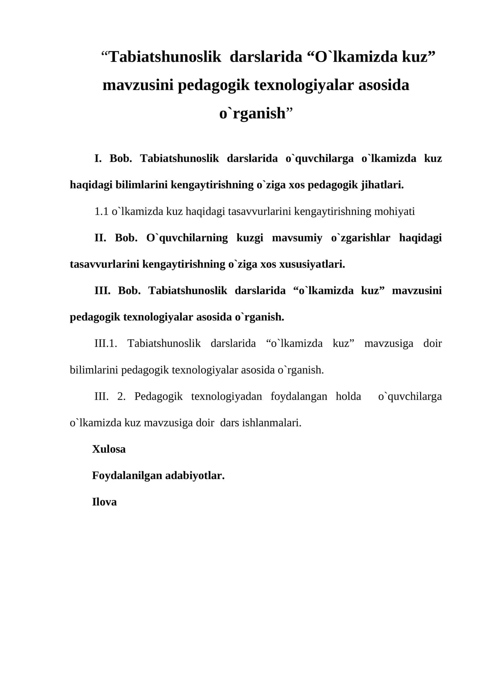 Tabiatshunoslik darslarida “O`lkamizda kuz” mavzusini pedagogik texnologiyalar asosida o`rganish 1