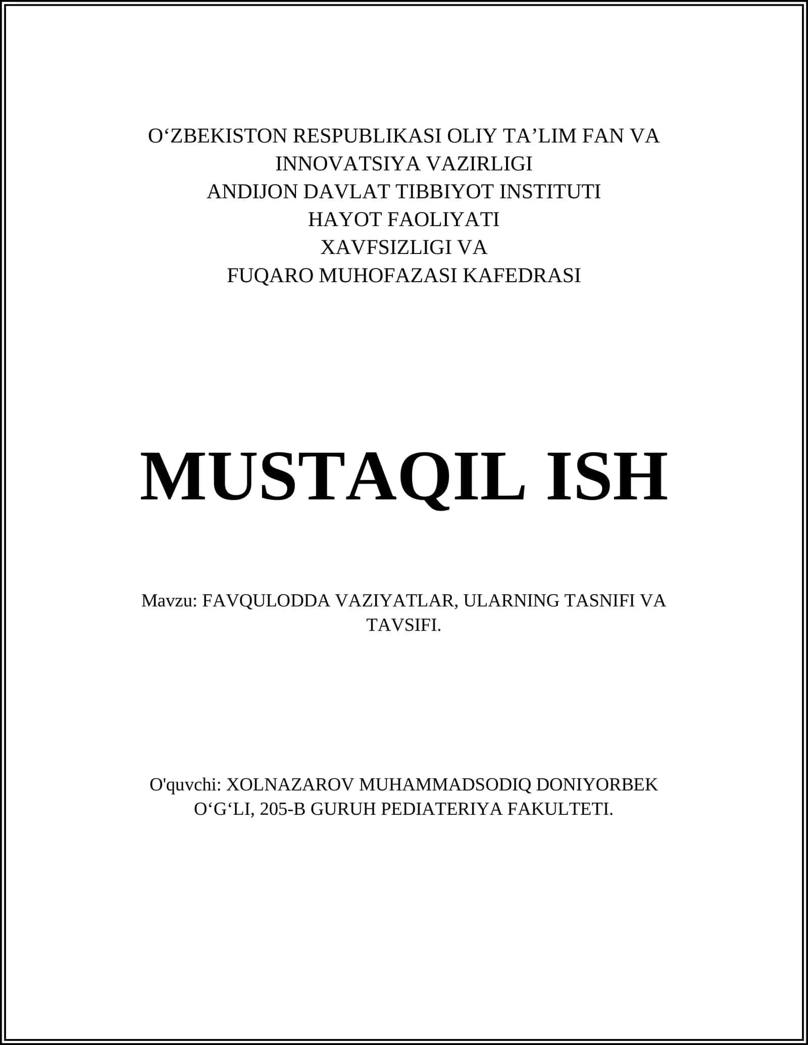 FAVQULODDA VAZIYATLAR, ULARNING TASNIFI VA TAVSIFI 1