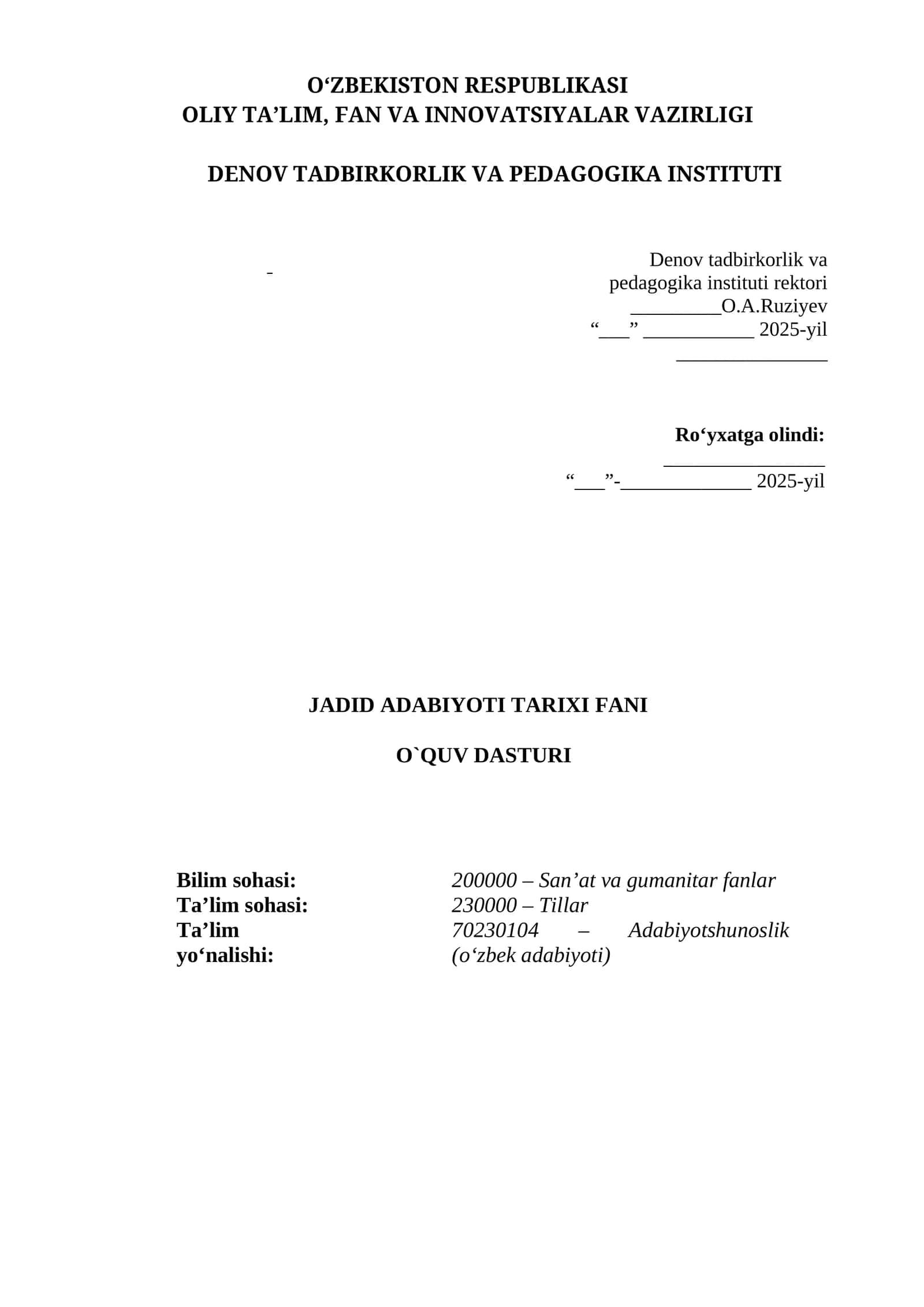 JADID ADABIYOTI TARIXI FANI O`QUV DASTURI 1