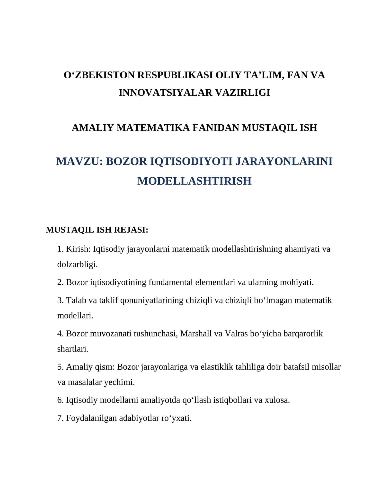 BOZOR IQTISODIYOTI JARAYONLARINI MODELLASHTIRISH 1