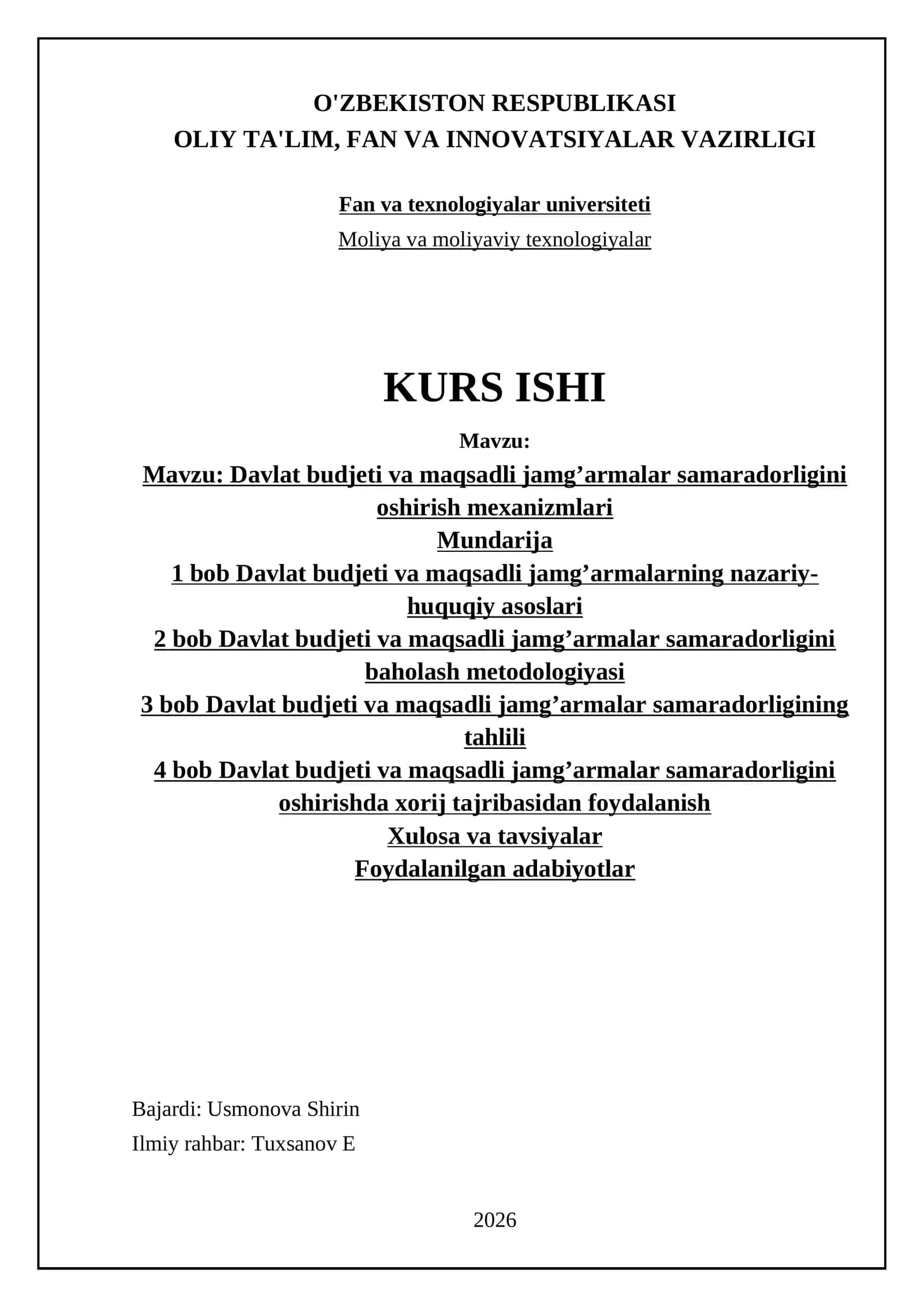 Davlat budjeti va maqsadli jamg’armalar samaradorligini oshirish mexanizmlari 1