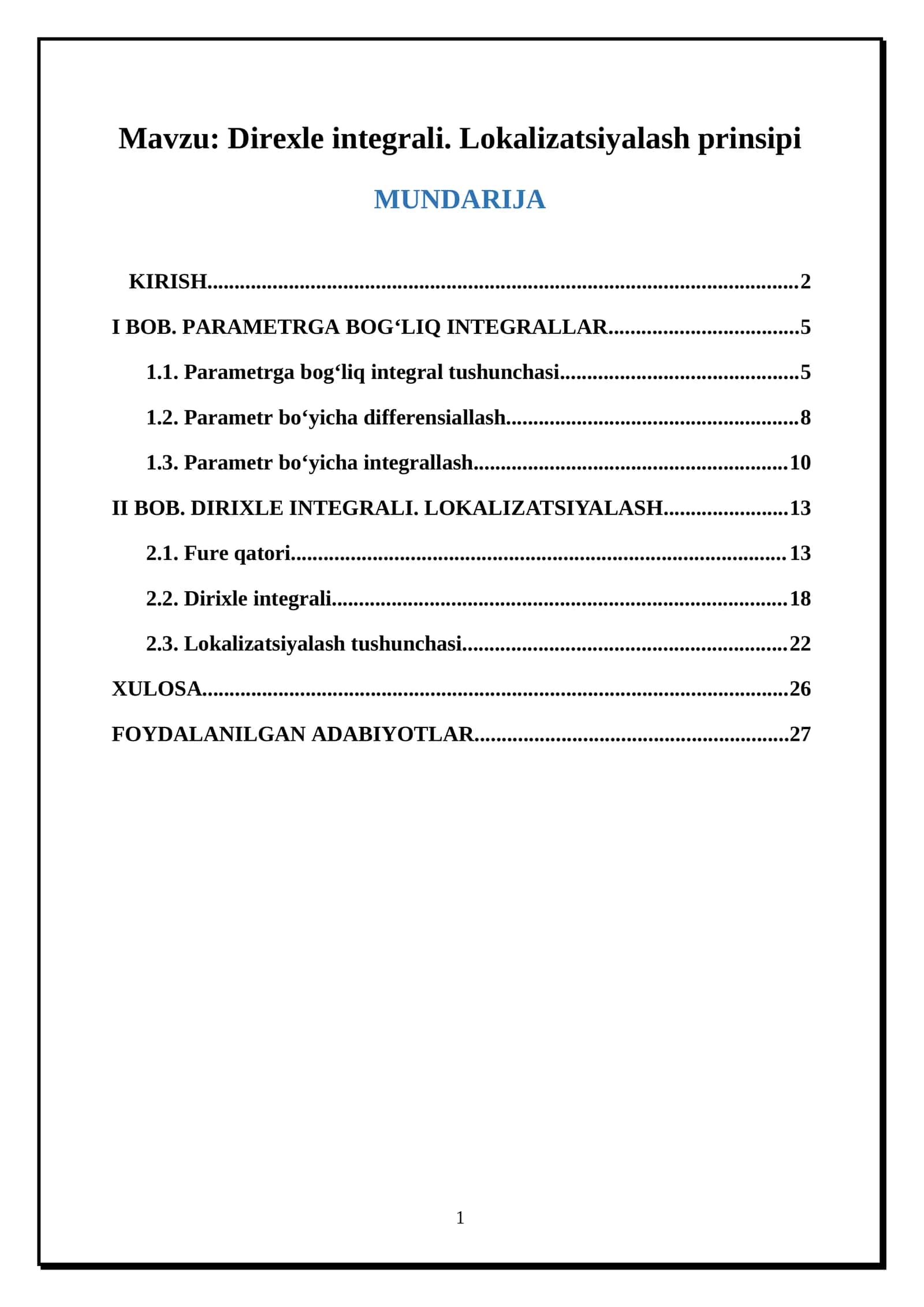 Direxle integrali. Lokalizatsiyalash prinsipi 1