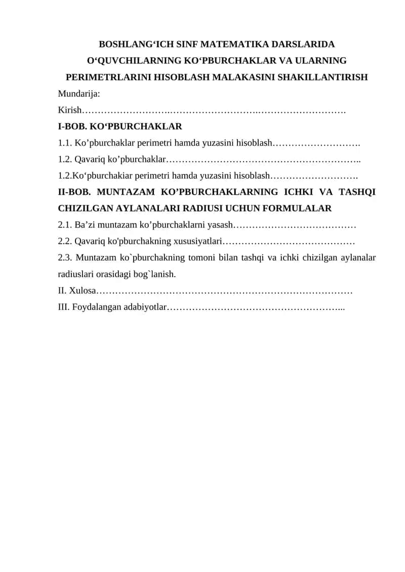 BOSHLANGʻICH SINF MATEMATIKA DARSLARIDA OʻQUVCHILARNING KOʻPBURCHAKLAR VA ULARNING PERIMETRLARINI HISOBLASH MALAKASINI SHAKILLANTIRISH 1