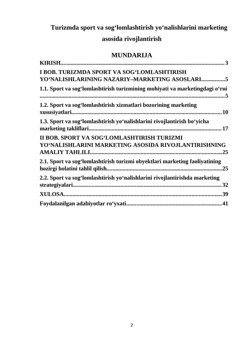 Turizmda sport va sog‘lomlashtirish yo‘nalishlarini marketing asosida rivojlantirish 1