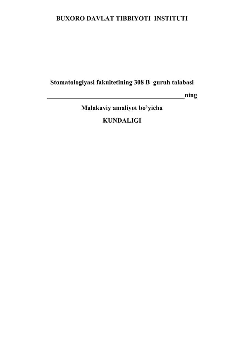 Stomatologiyasi fakultetining malakaviy amaliyot bo'yicha kundaligi talabalari bajarilgan ishlar jadvali 1
