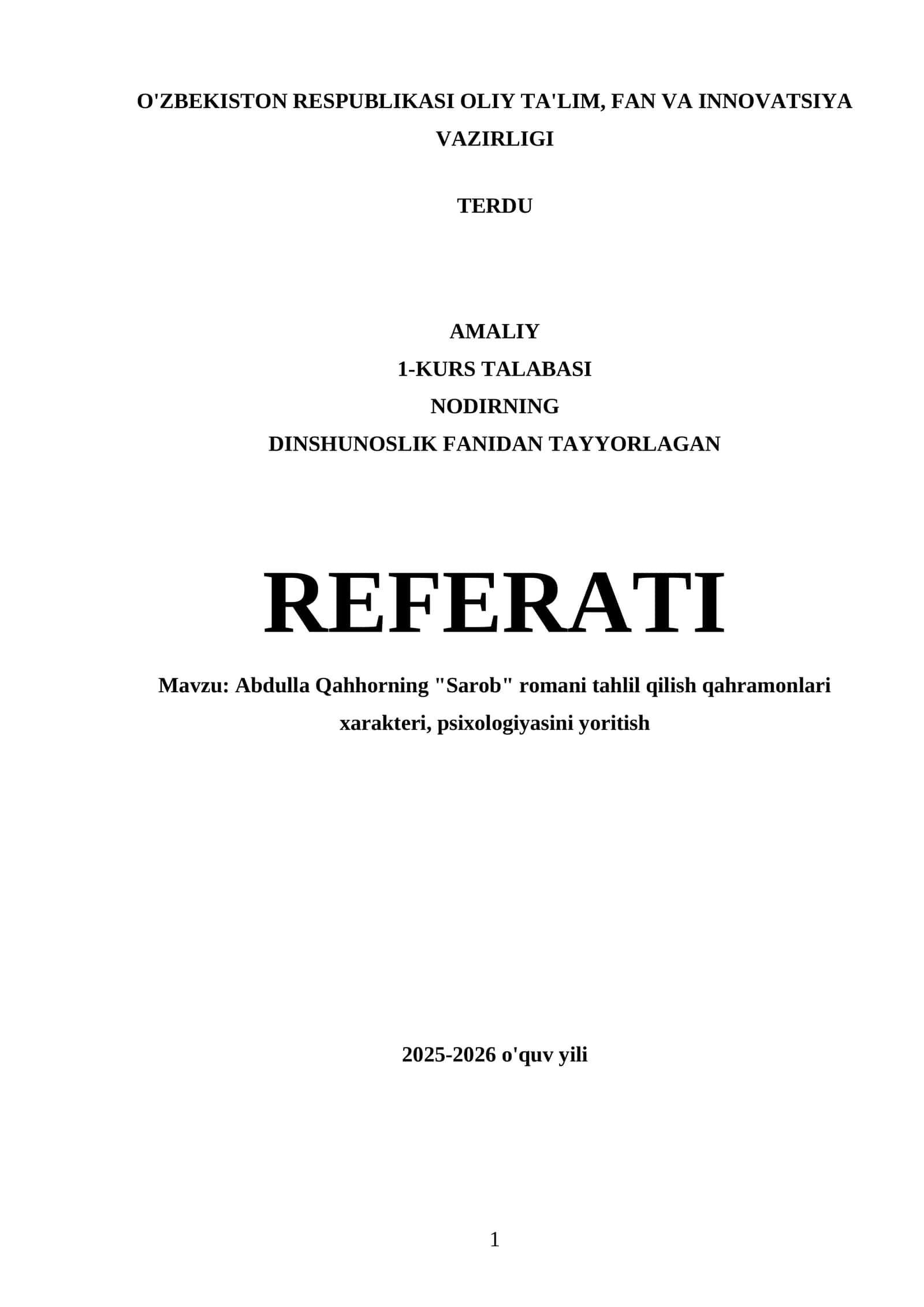 Abdulla Qahhorning "Sarob" romani tahlil qilish qahramonlari xarakteri, psixologiyasini yoritish 1