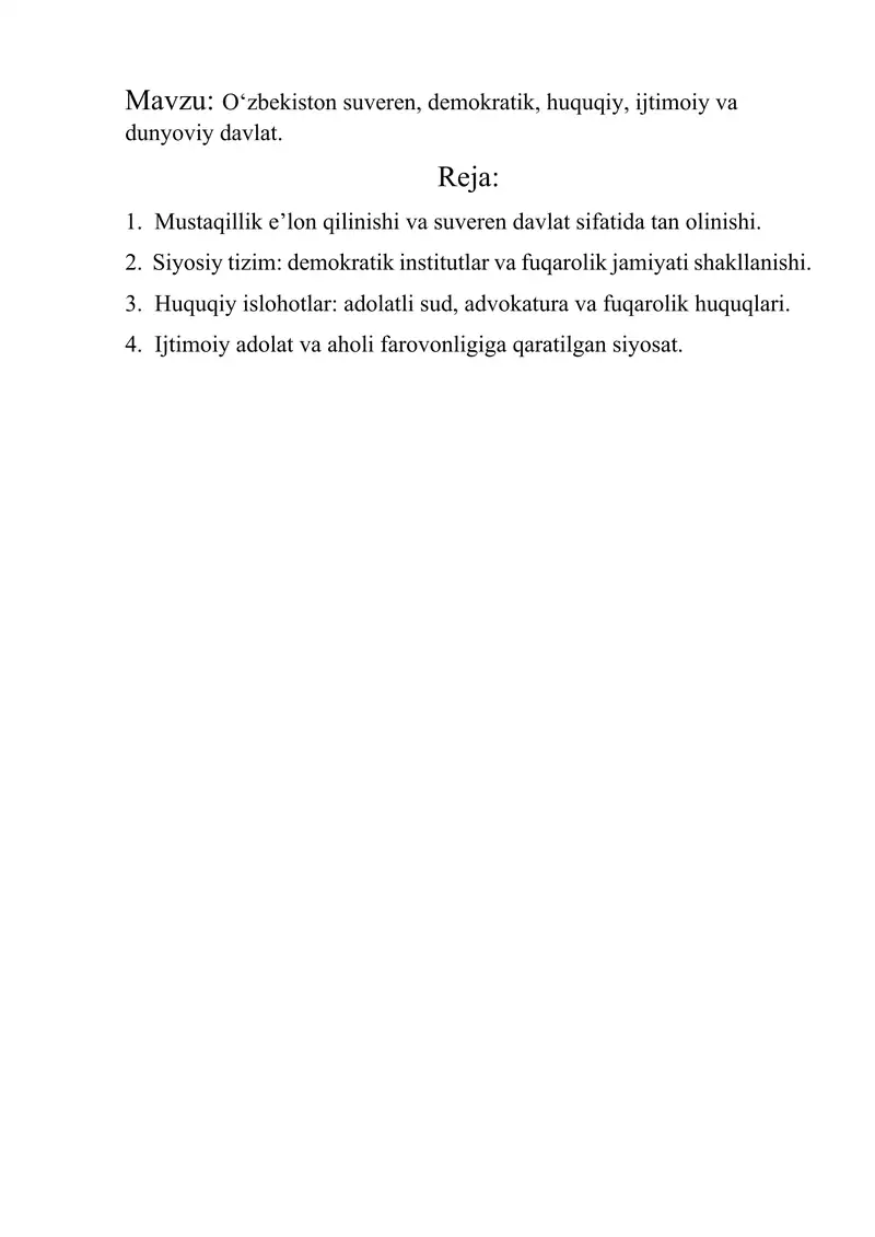 O‘zbekiston suveren, demokratik, huquqiy, ijtimoiy va dunyoviy davlat 1