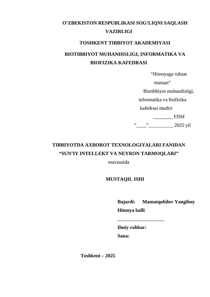 Sun’iy intlekt va  neytrontarmoqlari. Dedlayn No/5 1