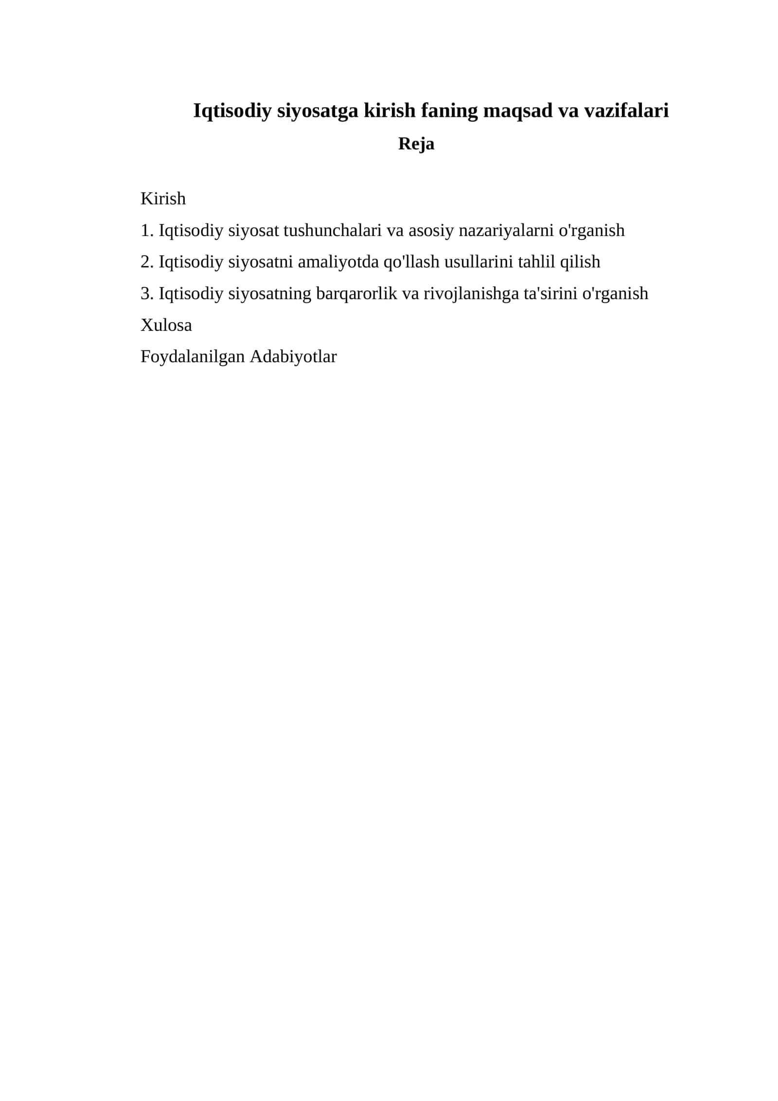 Iqtisodiy siyosatga kirish faning maqsad va vazifalari 1
