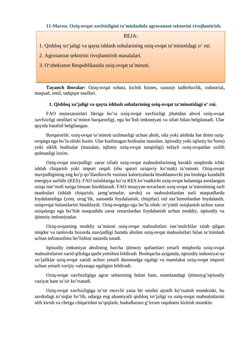 Oziq-ovqat xavfsizligini ta’minlashda agrosanoat sektorini rivojlantirish 1