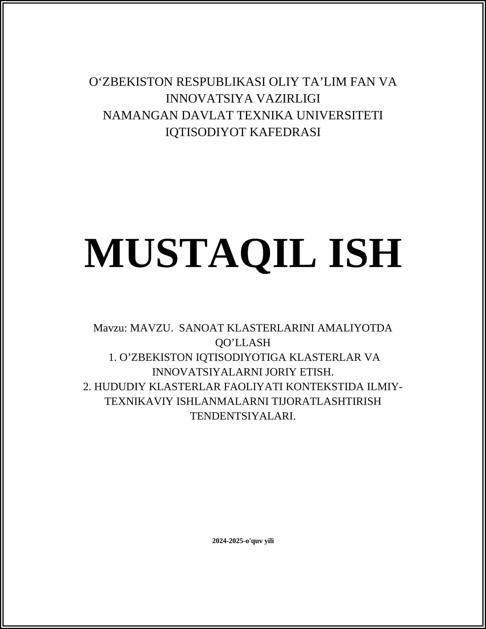 SANOAT KLASTERLARINI AMALIYOTDA QO’LLASH 1