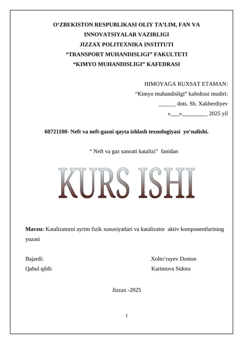Katalizatorni ayrim fizik xususiyatlari va katalizator aktiv komponentlarining yuzasi 1