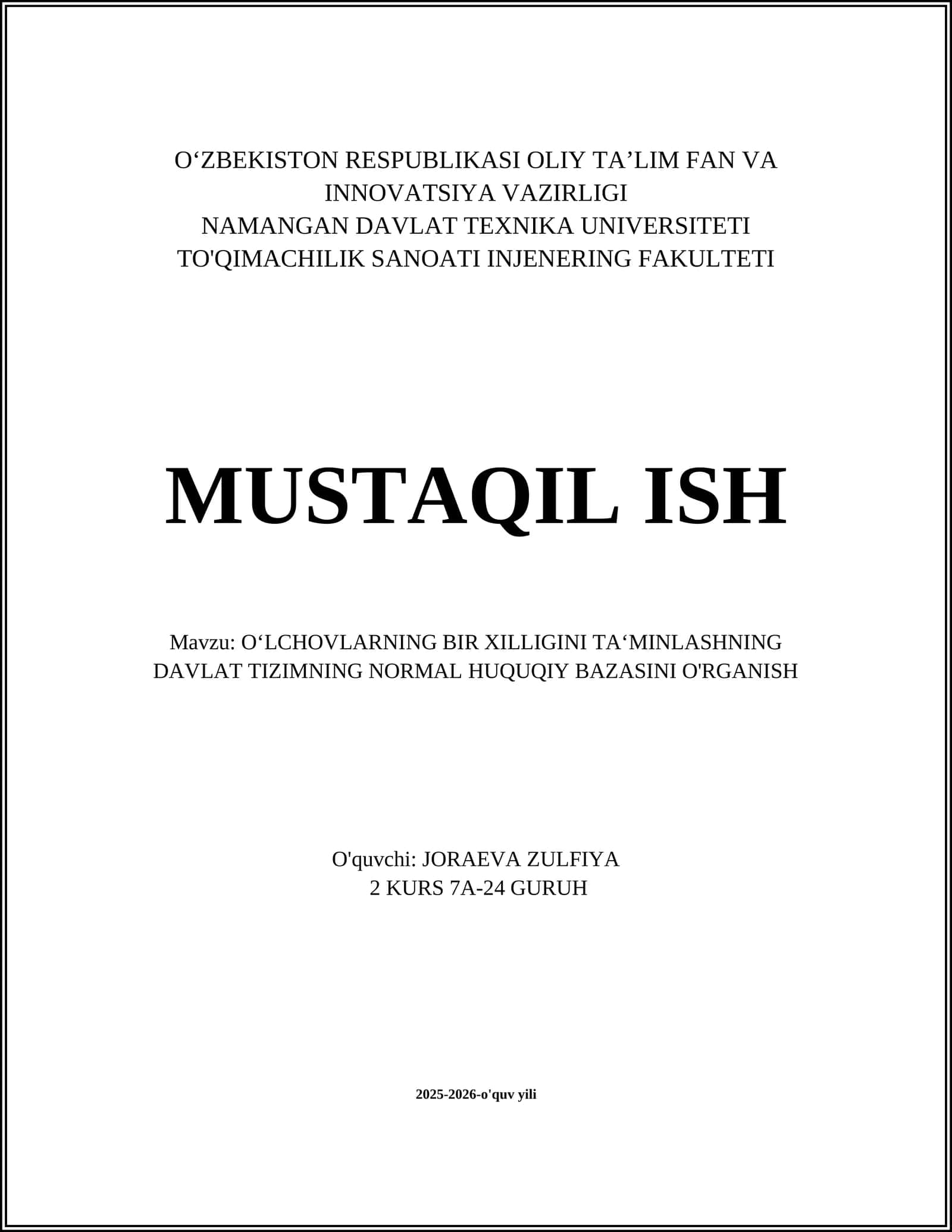 O‘LCHOVLARNING BIR XILLIGINI TA‘MINLASHNING DAVLAT TIZIMNING NORMAL HUQUQIY BAZASINI O'RGANISH 1