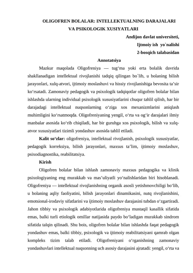 OLIGOFREN BOLALAR: INTELLEKTUALNING DARAJALARI VA PSIKOLOGIK XUSIYATLARI 1