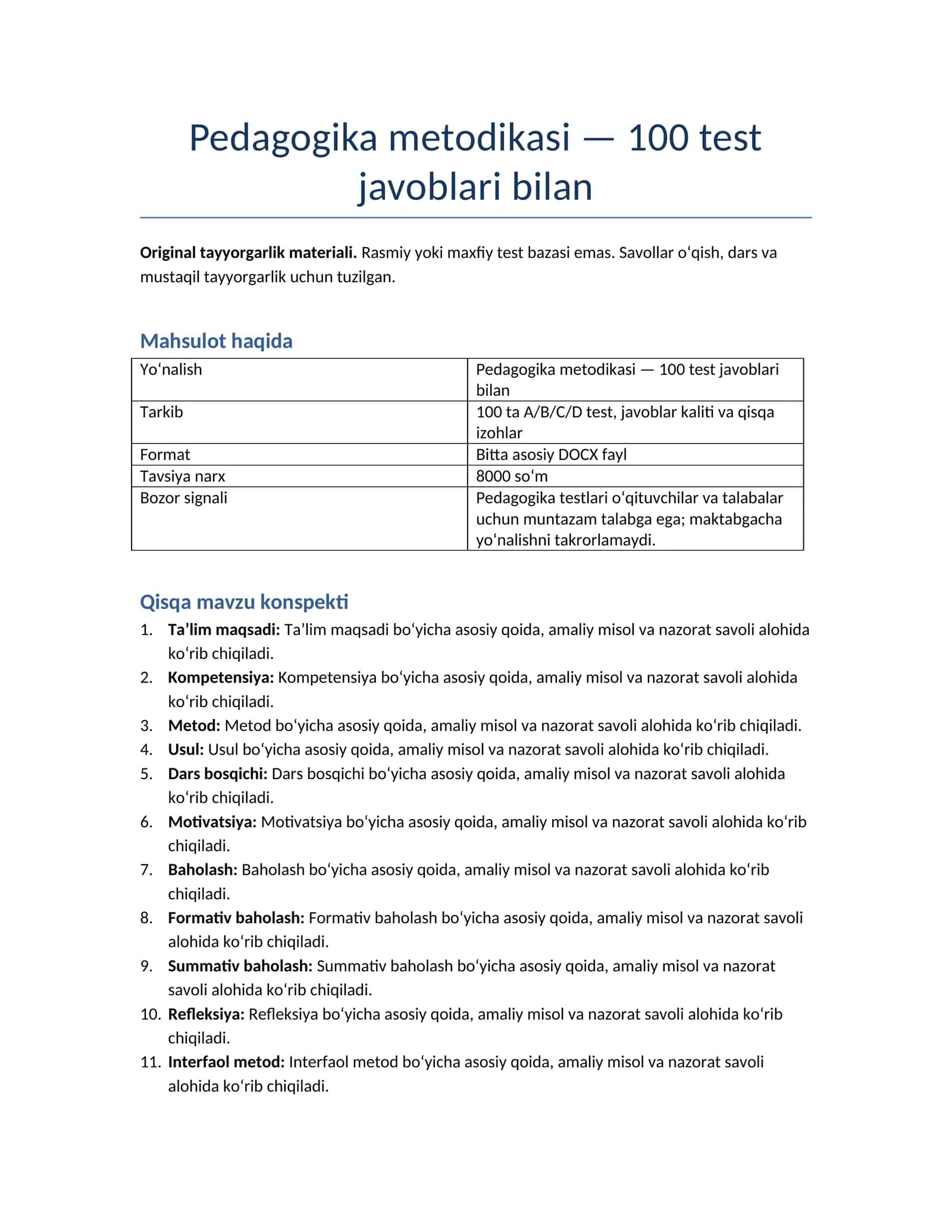 Pedagogika metodikasi — 100 test javoblari bilan 1