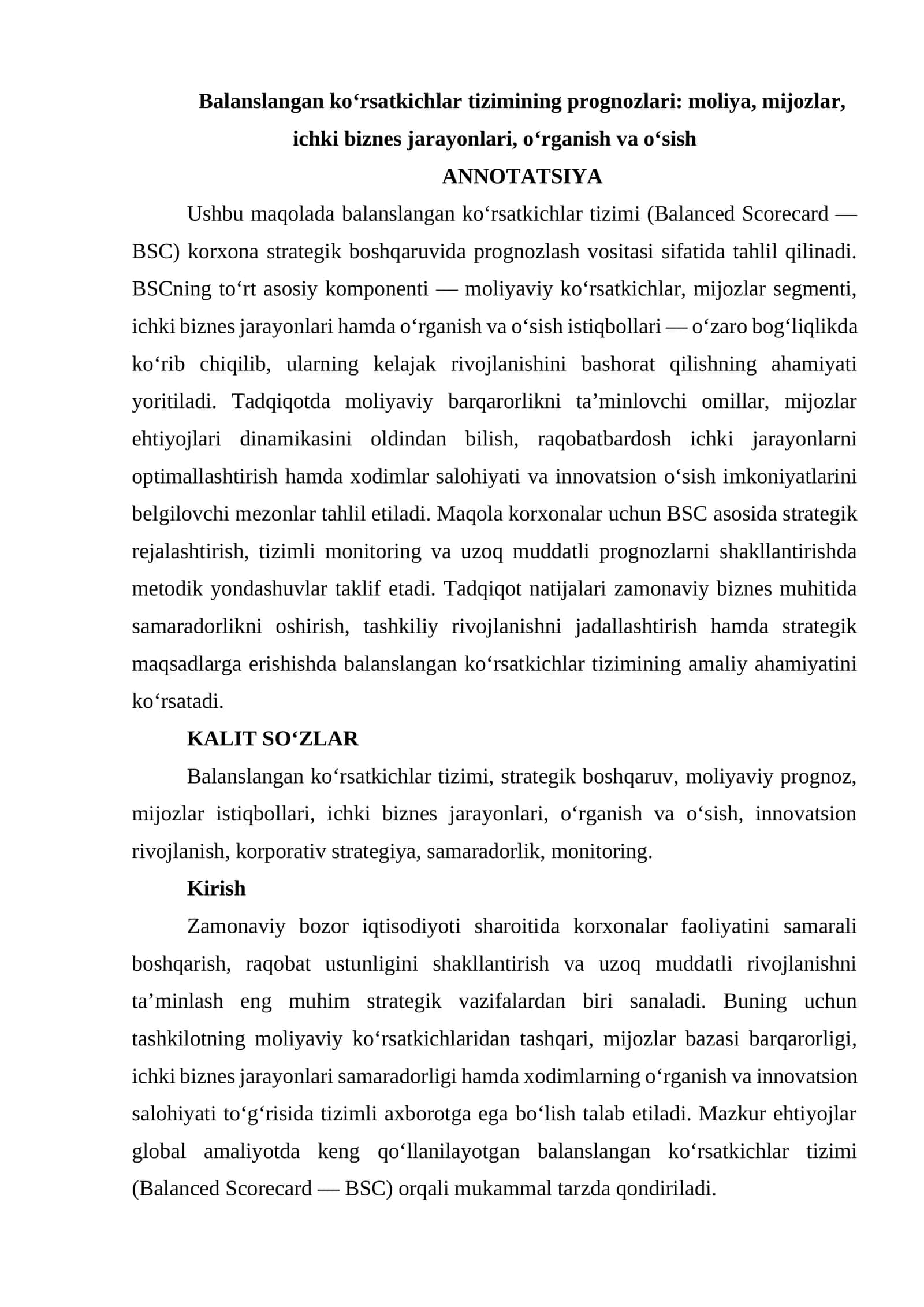 Balanslangan ko‘rsatkichlar tizimi (Balanced Scorecard — BSC) 1