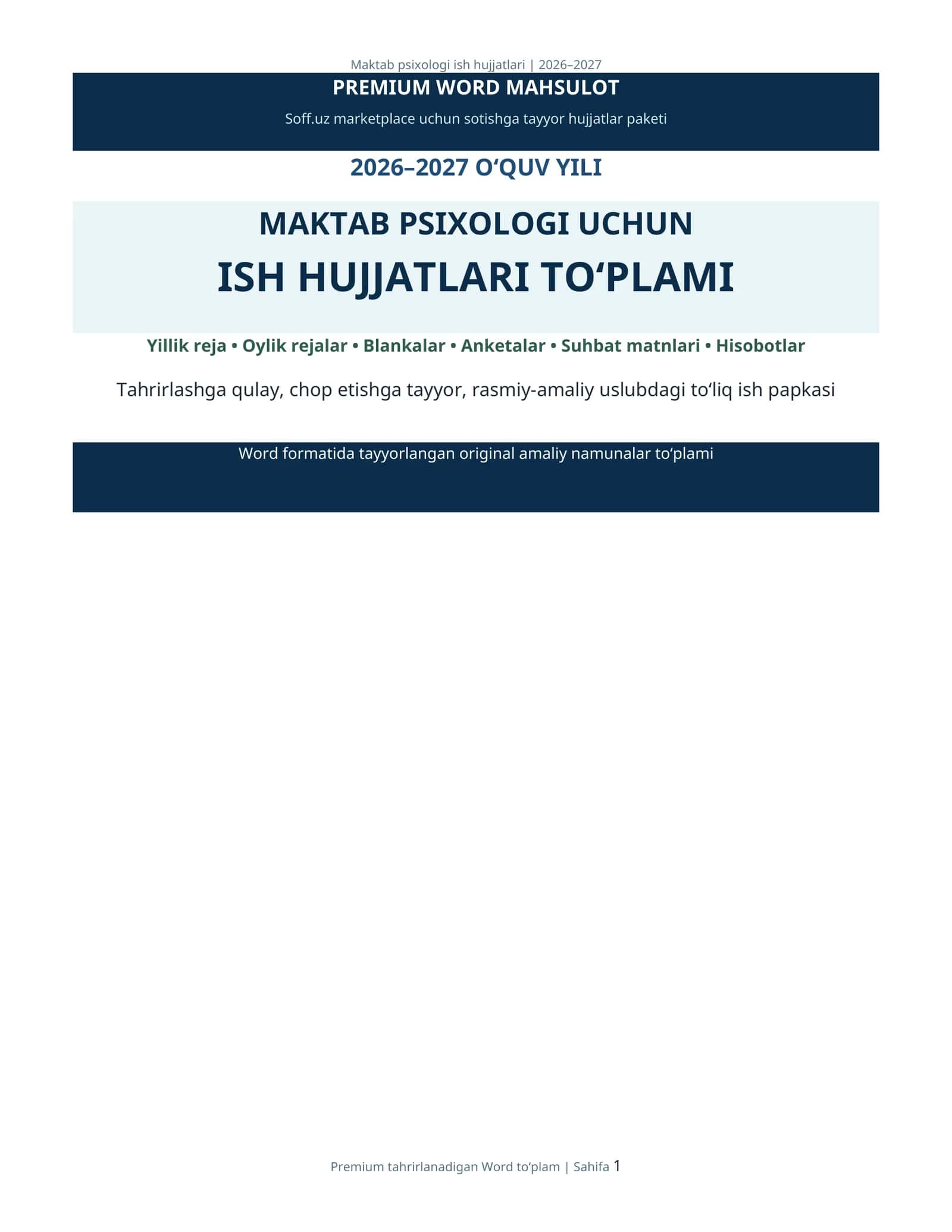 MAKTAB PSIXOLOGI UCHUN ISH HUJJATLARI TO‘PLAMI 1