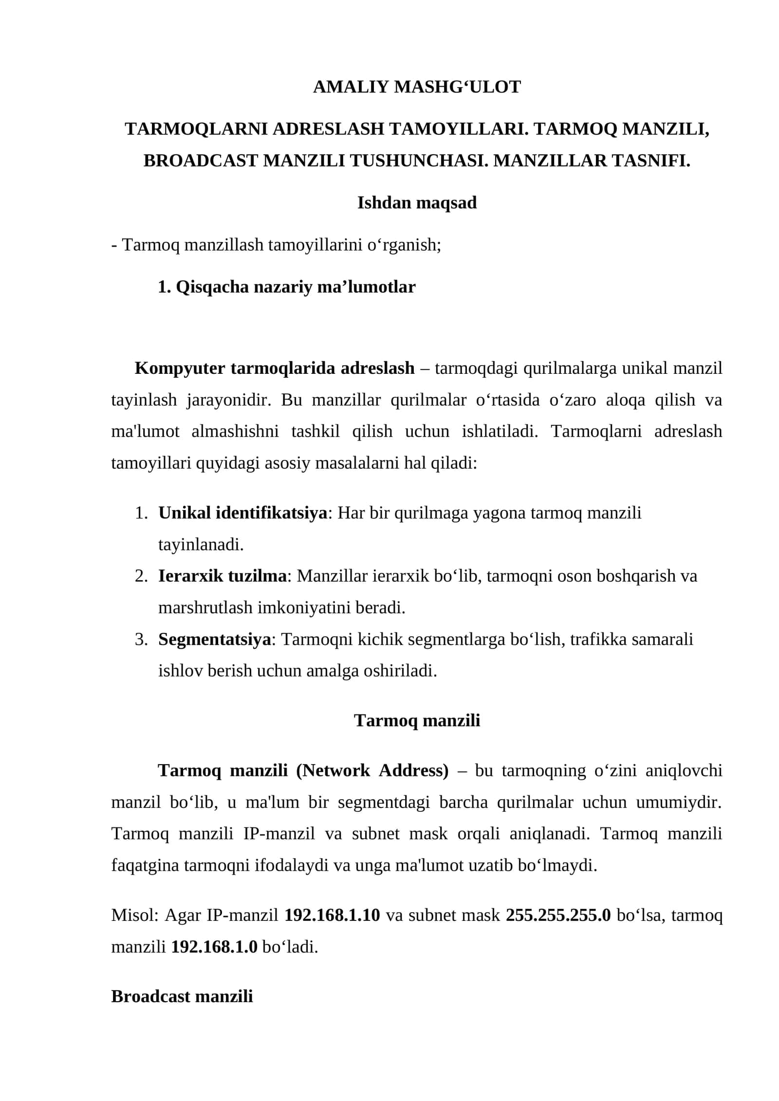 TARMOQLARNI ADRESLASH TAMOYILLARI 1