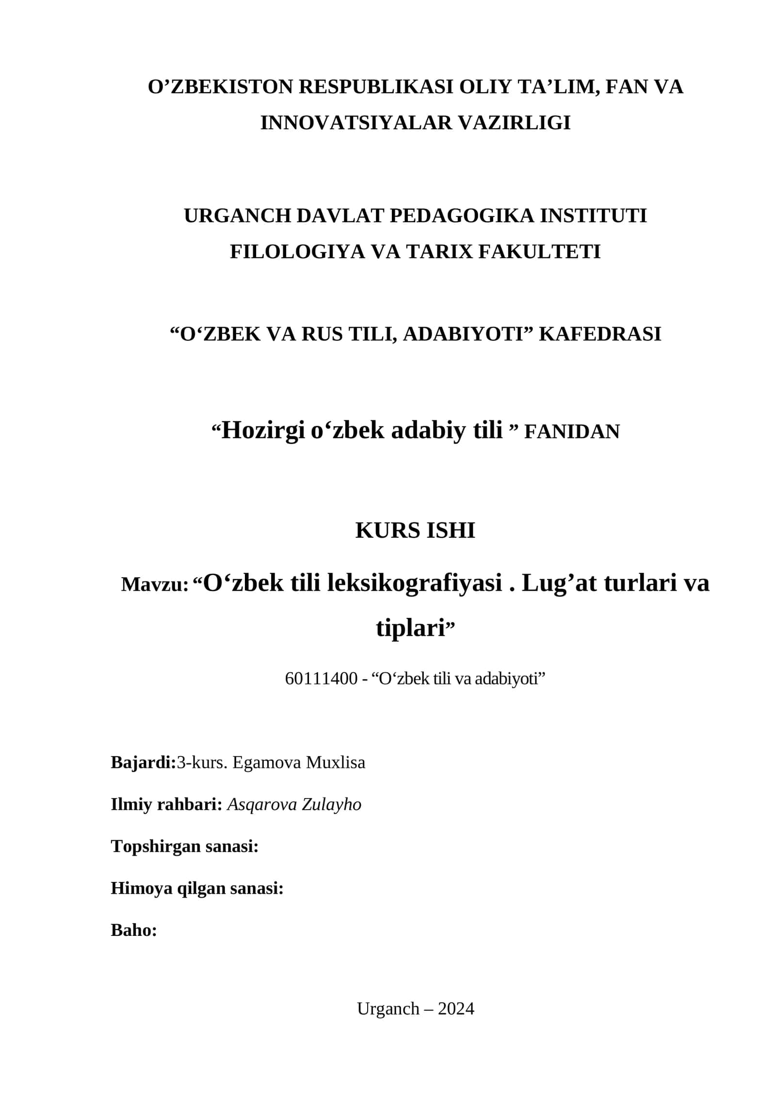 "Oʻzbek tili leksikografiyasi. Lug’at turlari va tiplari" 1